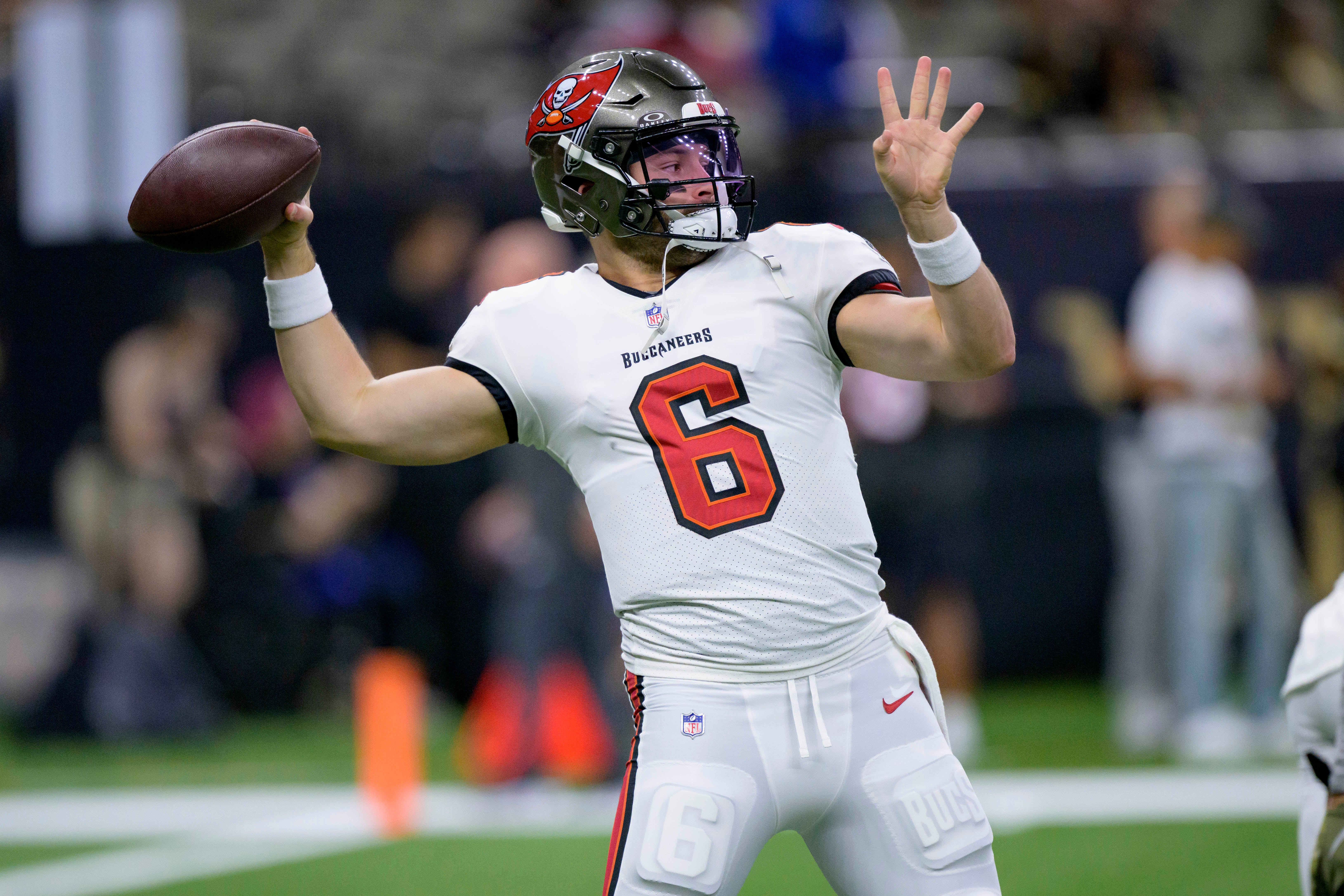 Oct 1, 2023; New Orleans, Louisiana, USA; Tampa Bay Buccaneers quarterback Baker Mayfield (6) warms up before a game against the New Orleans Saints at Caesars Superdome. Mandatory Credit: Matthew Hinton-USA TODAY Sports