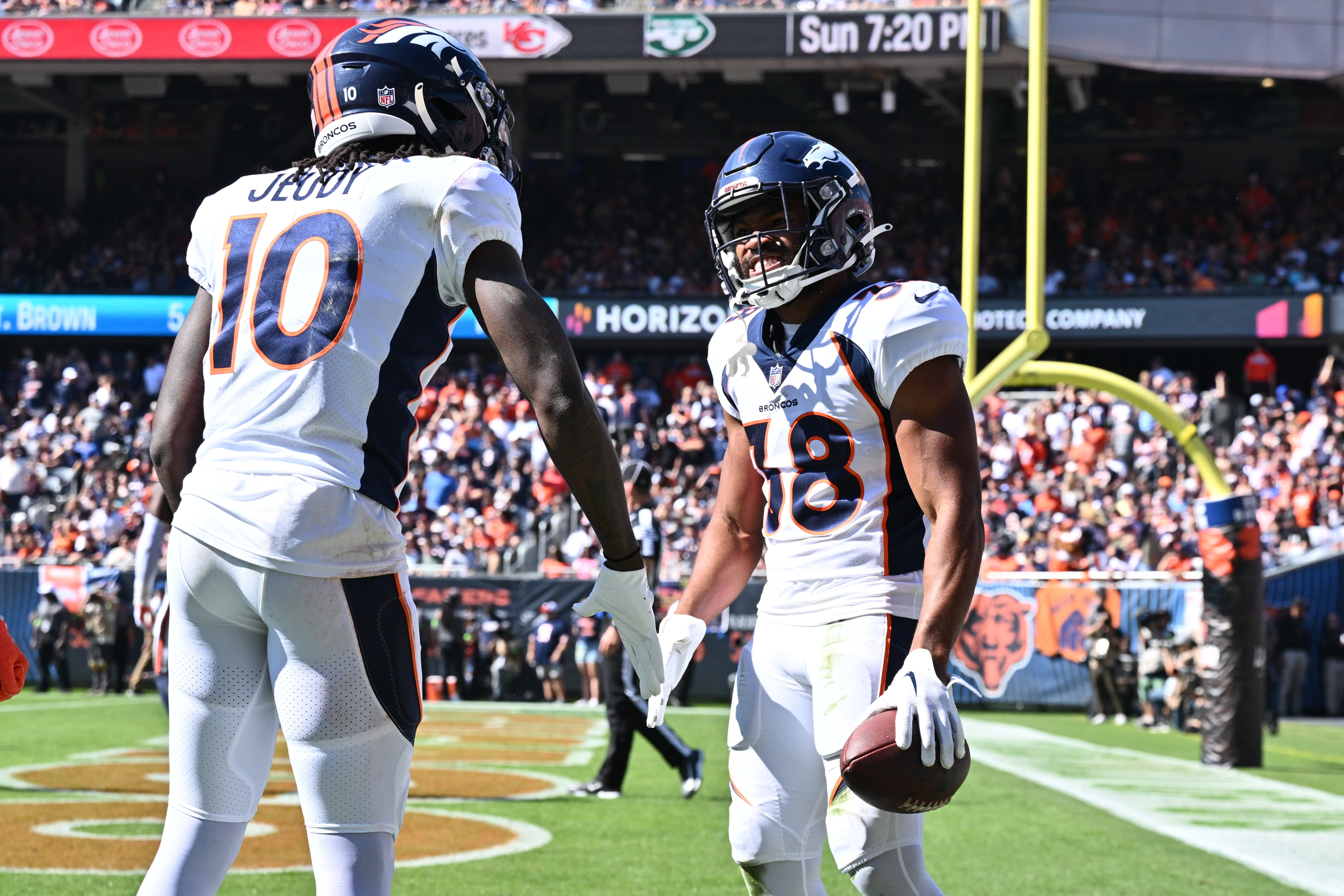 Denver Broncos WR Jerry Jeudy celebrating in the endzone