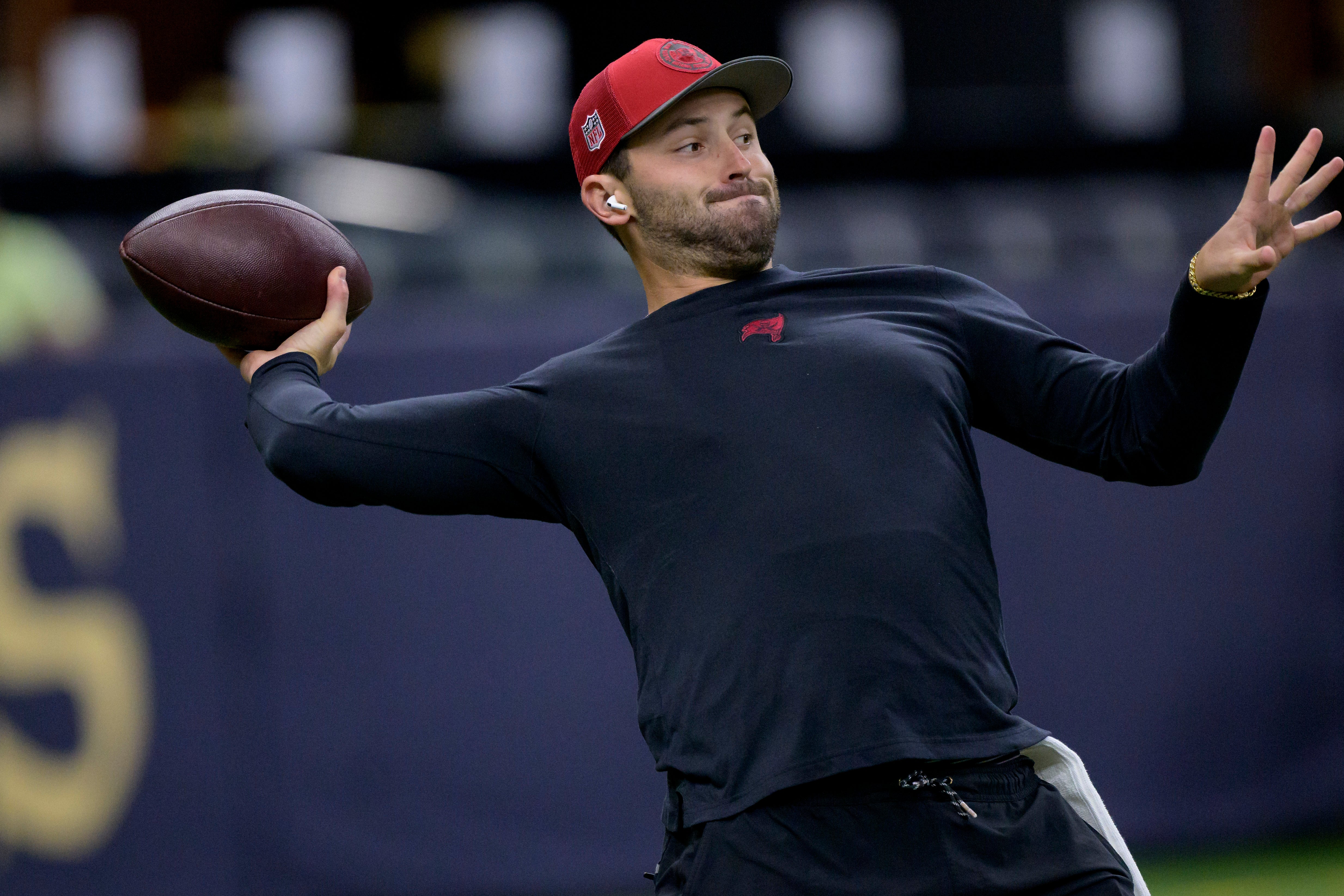Oct 1, 2023; New Orleans, Louisiana, USA; Tampa Bay Buccaneers quarterback Baker Mayfield (6) warms up before a game against the New Orleans Saints at Caesars Superdome. Mandatory Credit: Matthew Hinton-USA TODAY Sports