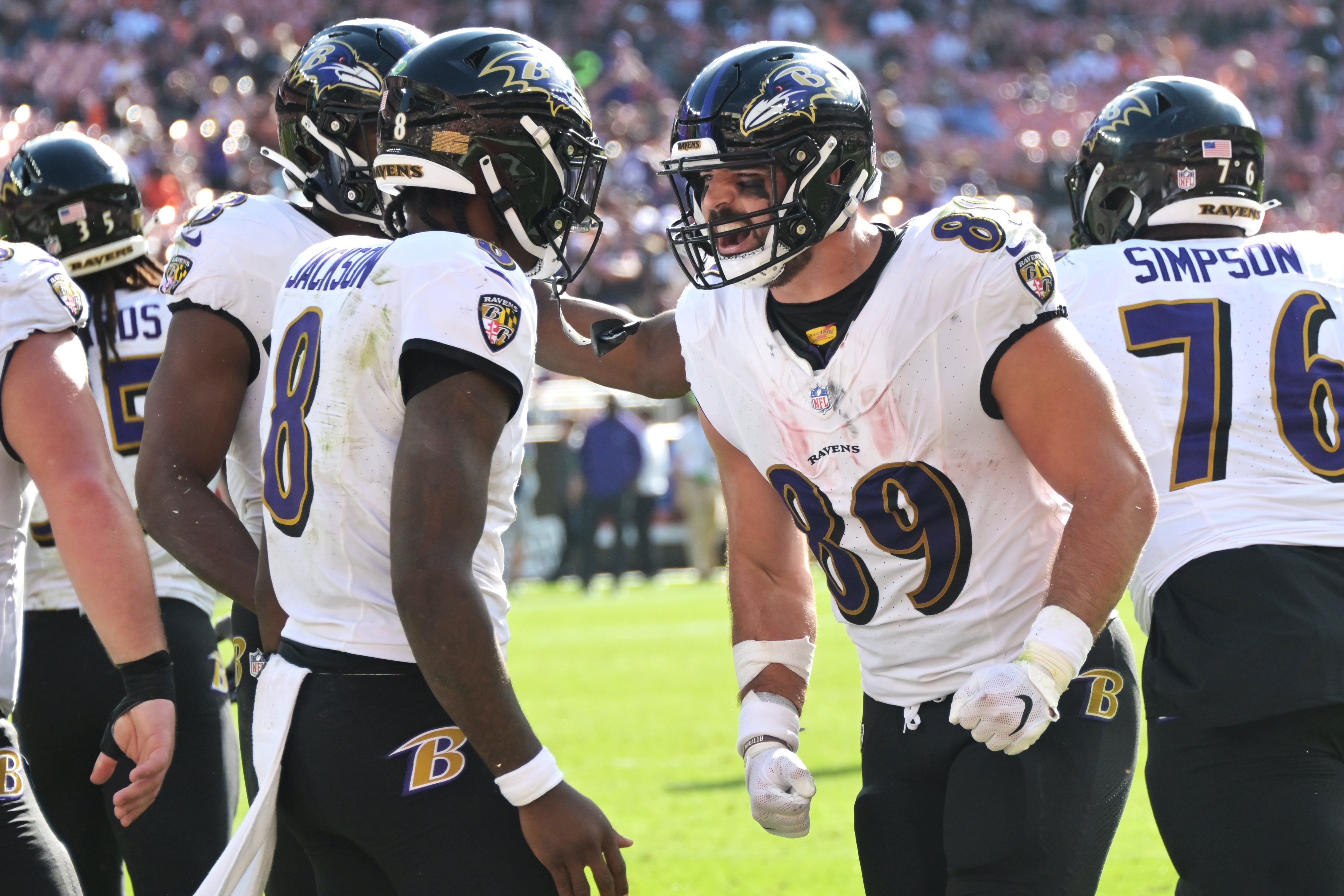 Baltimore Ravens tight end Mark Andrews (89) celebrates with quarterback Lamar Jackson (8) after catching a touchdown during the second half against the Cleveland Browns at Cleveland Browns Stadium. Mandatory Credit: Ken Blaze-USA TODAY Sports
