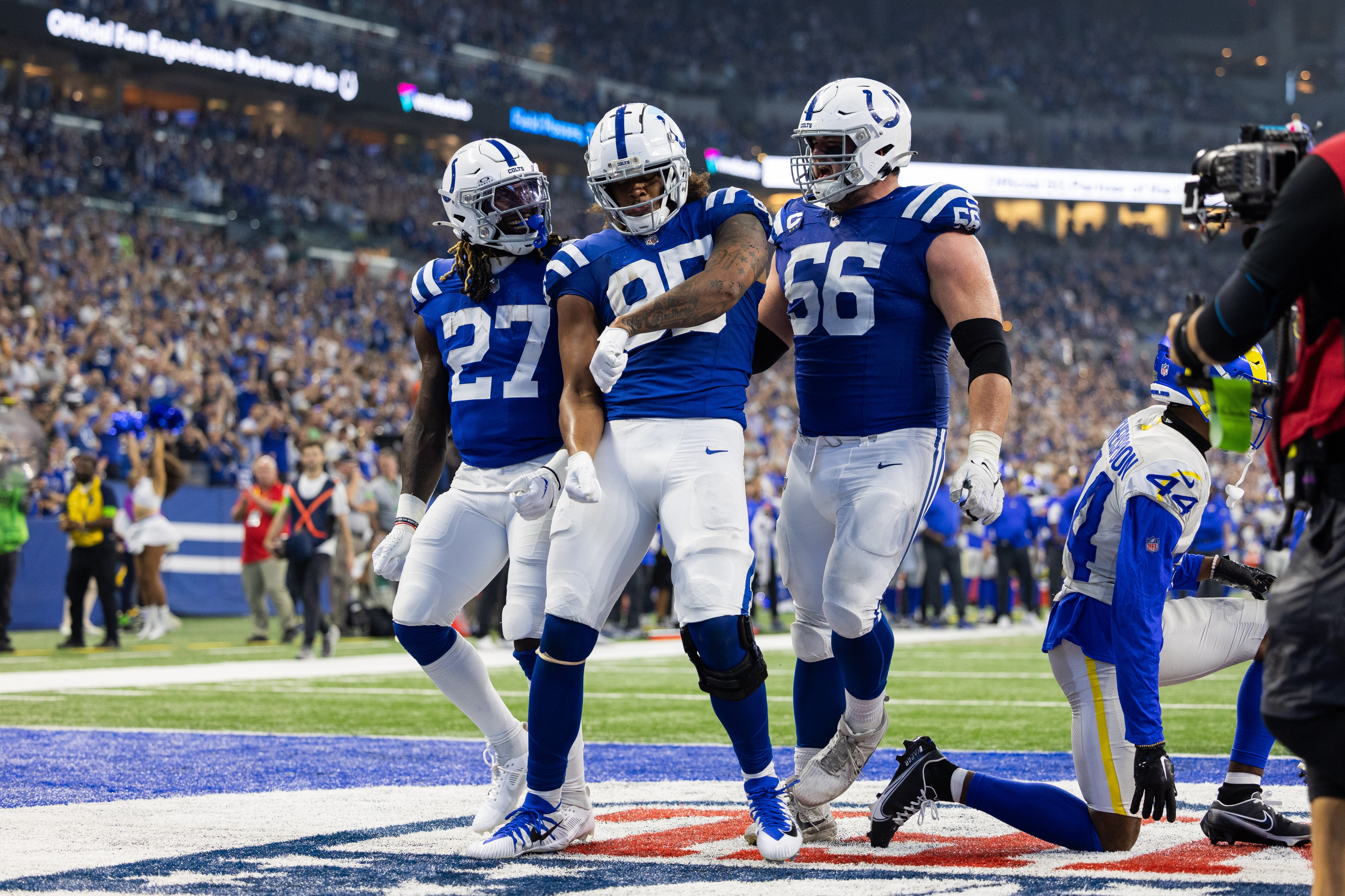 Oct 1, 2023; Indianapolis, Indiana, USA; Indianapolis Colts tight end Drew Ogletree (85) celebrates his touchdown with teammates in the second half against the Los Angeles Rams at Lucas Oil Stadium.