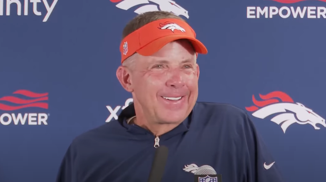 Denver Broncos head coach Sean Payton talks to the media after their victory over the Chicago Bears