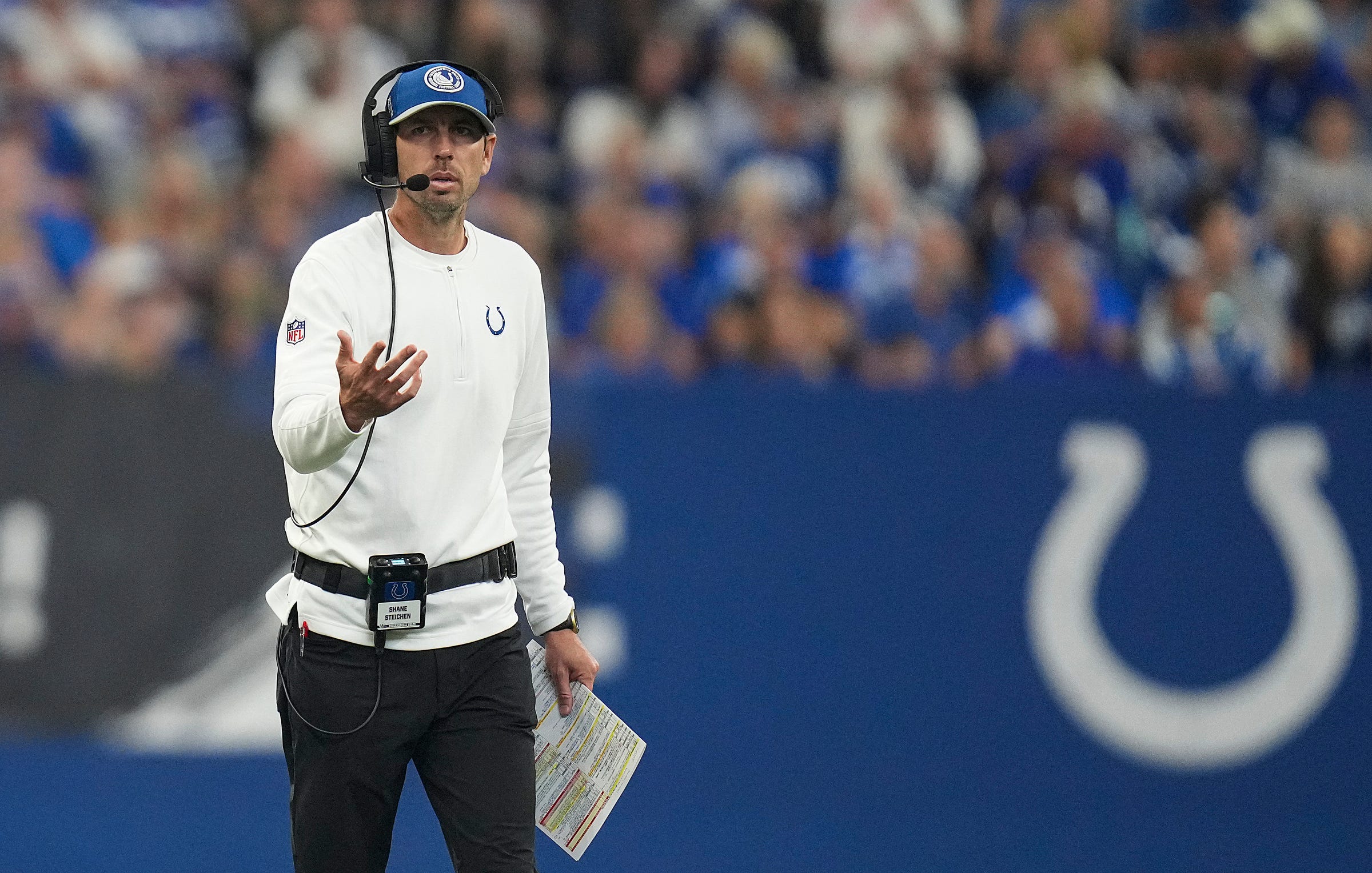 Indianapolis Colts head coach Shane Steichen walks the sideline during the first half of the game against the Los Angeles Rams on Sunday, Oct. 1, 2023, at Lucas Oil Stadium in Indianapolis.