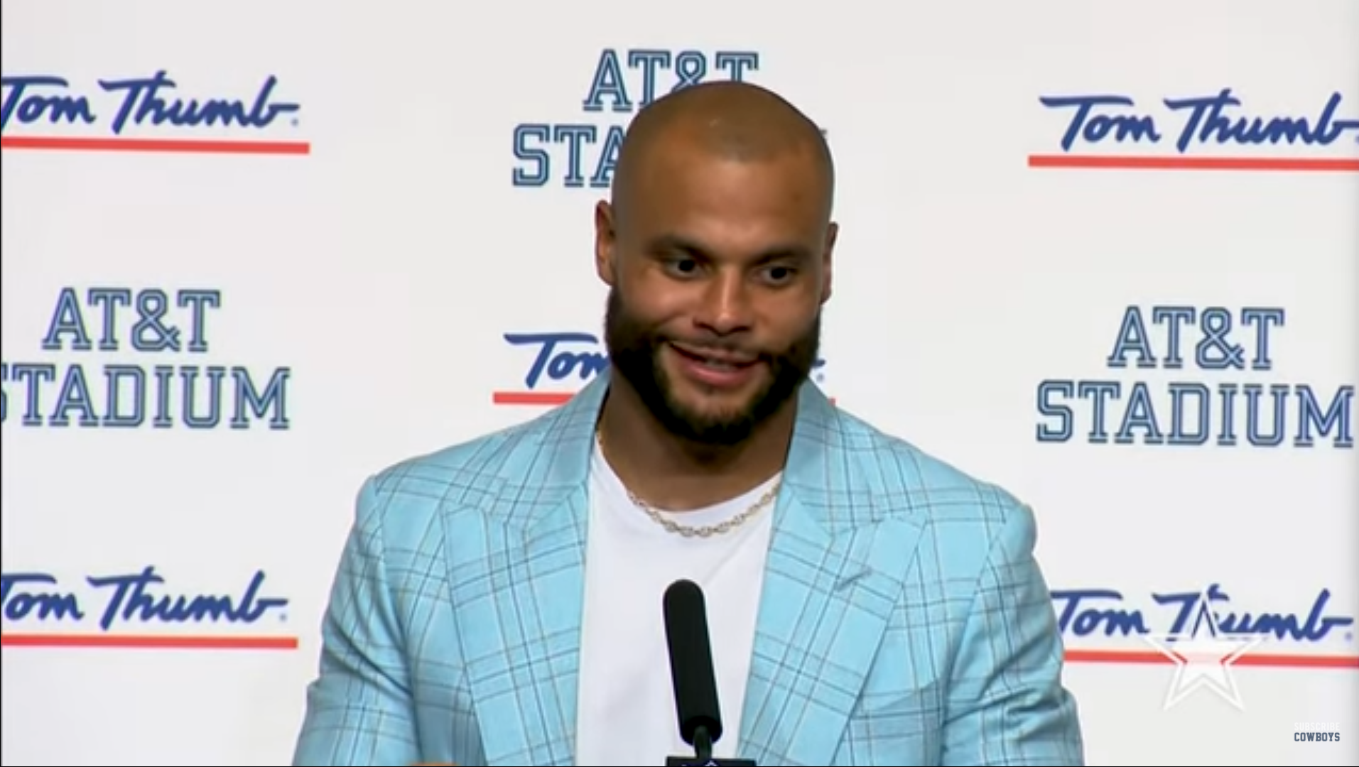 Dallas Cowboys QB Dak Prescott talks to the media after Week 4 win.