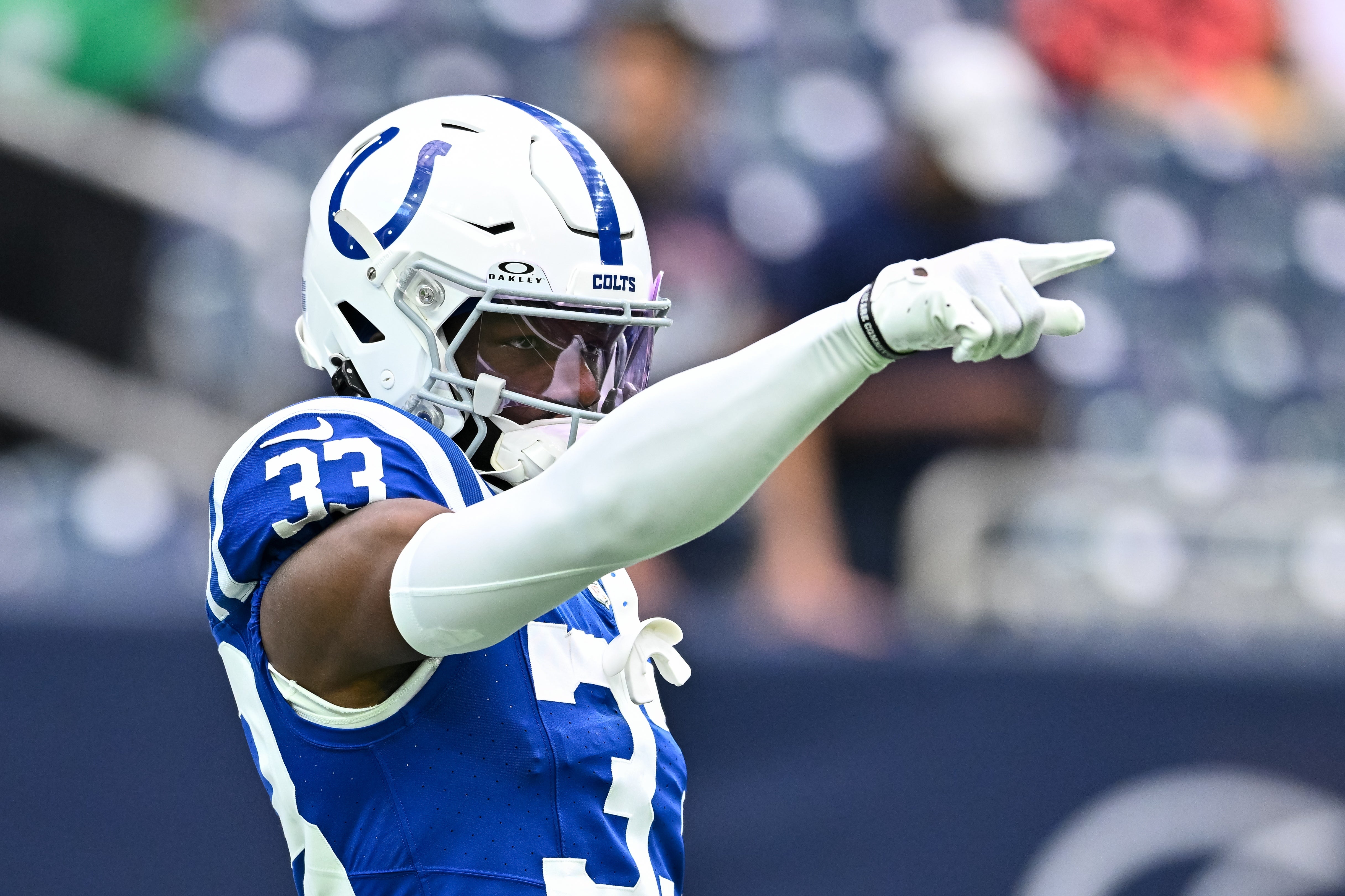 Sep 17, 2023; Houston, Texas, USA; Indianapolis Colts cornerback Dallis Flowers (33) motions prior to the game against the Houston Texans at NRG Stadium.