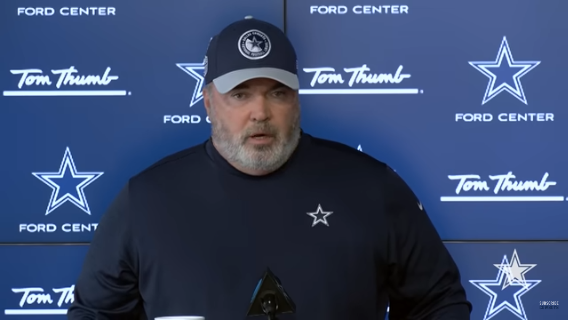 Dallas Cowboys head coach Mike McCarthy talks to the media.