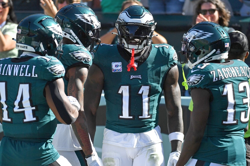 Eagles wide receiver A.J. Brown celebrates with teammates.