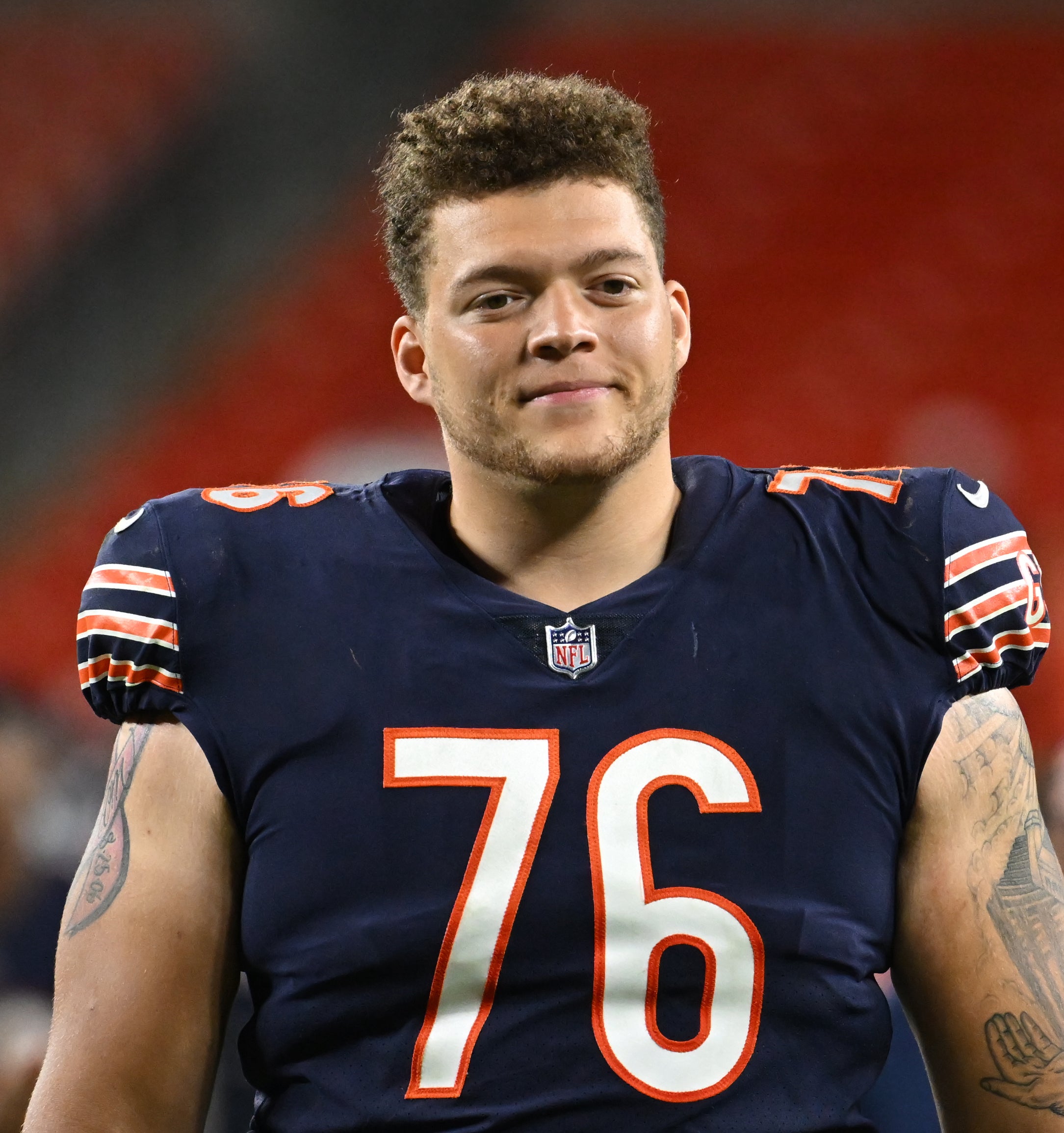 Aug 27, 2022; Cleveland, Ohio, USA; Chicago Bears offensive tackle Teven Jenkins (76) walks off the field after the game between the Bears and the Cleveland Browns at FirstEnergy Stadium.