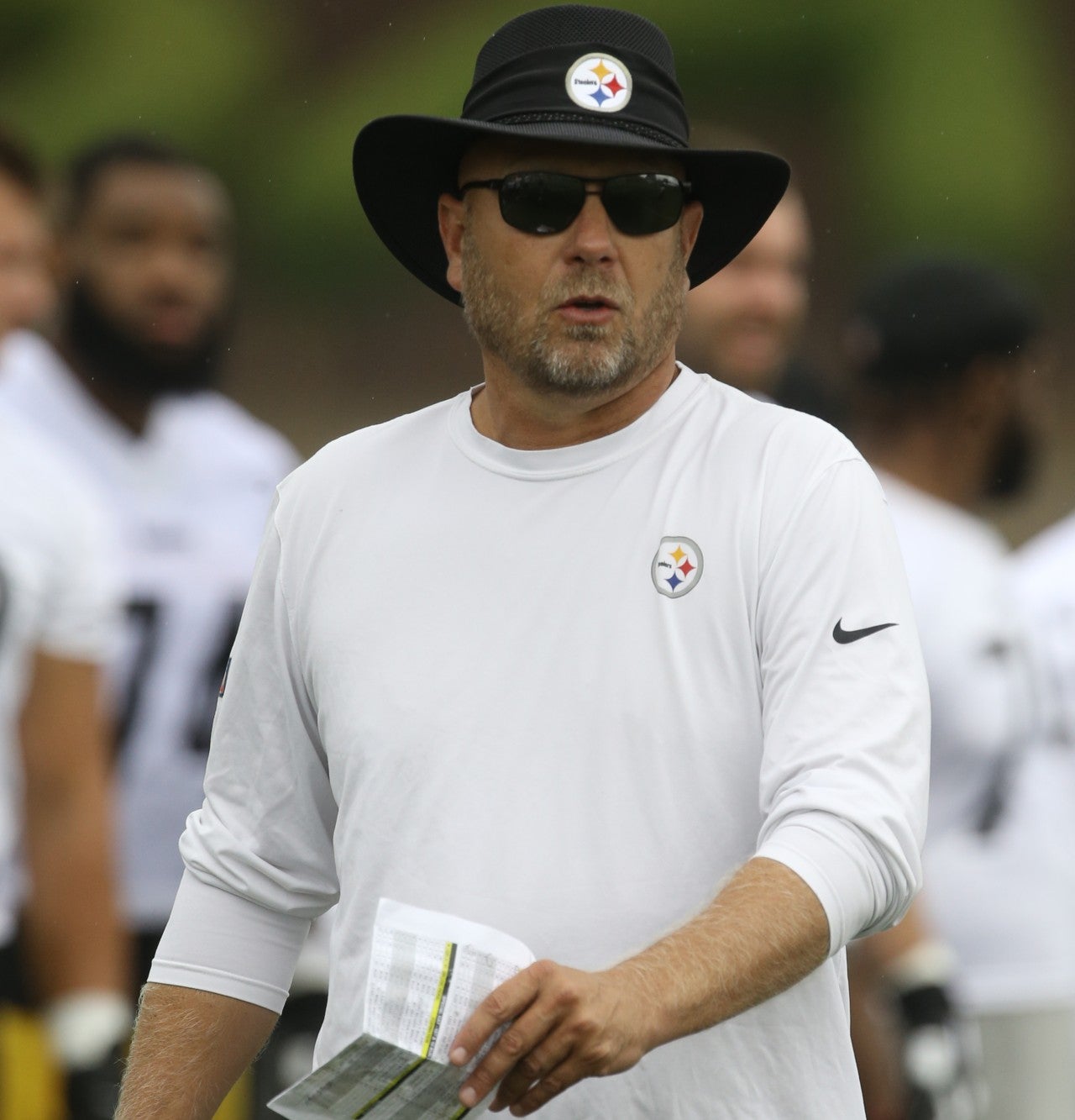 Jul 27, 2022; Latrobe, PA, USA; Pittsburgh Steelers offensive coordinator Matt Canada participates in training camp at Chuck Noll Field. Mandatory Credit: Charles LeClaire-USA TODAY Sports  