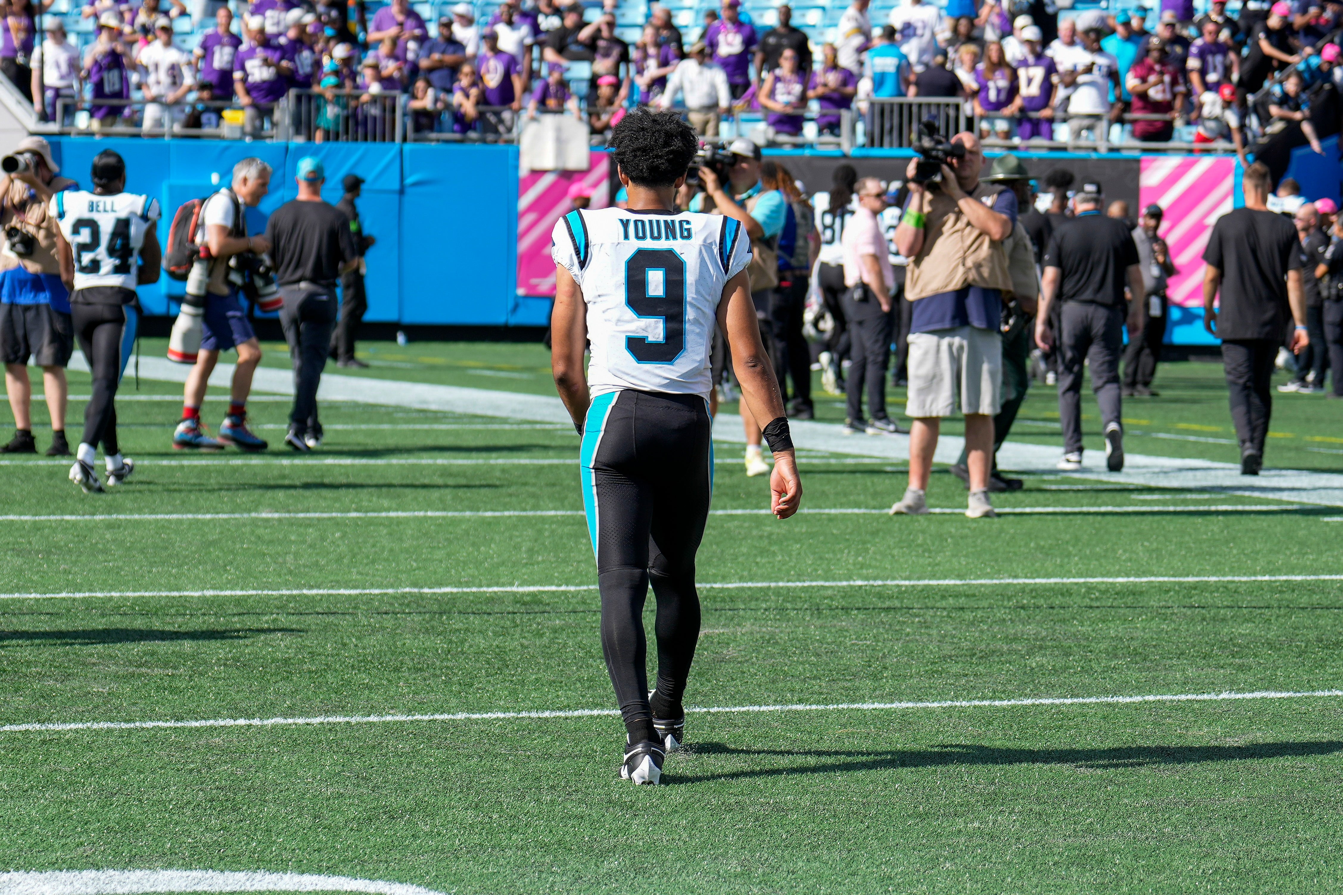 Oct 1, 2023; Charlotte, North Carolina, USA; Carolina Panthers quarterback Bryce Young (9) walks back to the tunnel at the end of the second half against the Minnesota Vikings at Bank of America Stadium. Mandatory Credit: Jim Dedmon-USA TODAY Sports