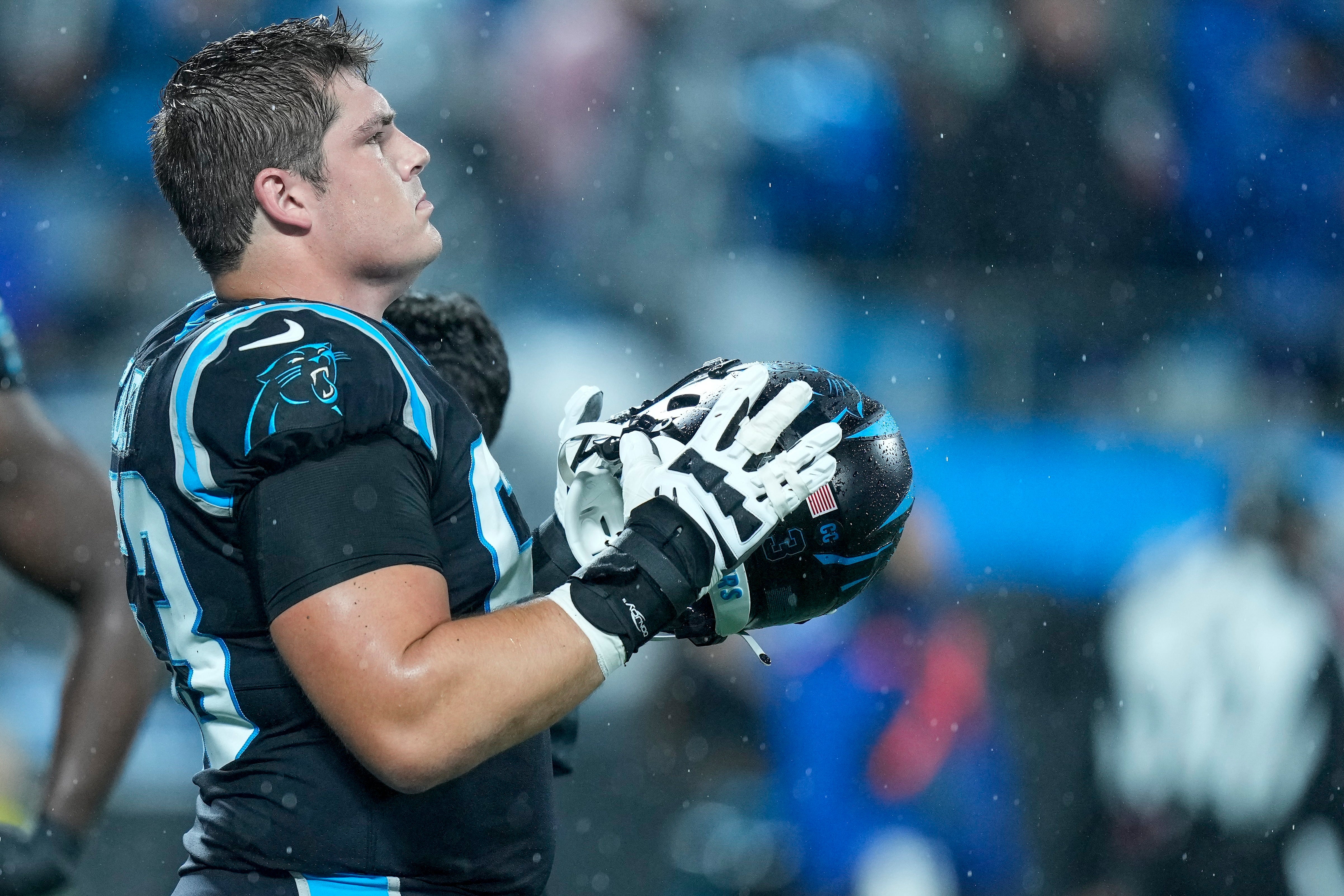 Nov 10, 2022; Charlotte, North Carolina, USA; Carolina Panthers guard Austin Corbett (63) looks on during the first quarter against the Atlanta Falcons at Bank of America Stadium. Mandatory Credit: Jim Dedmon-USA TODAY Sports.