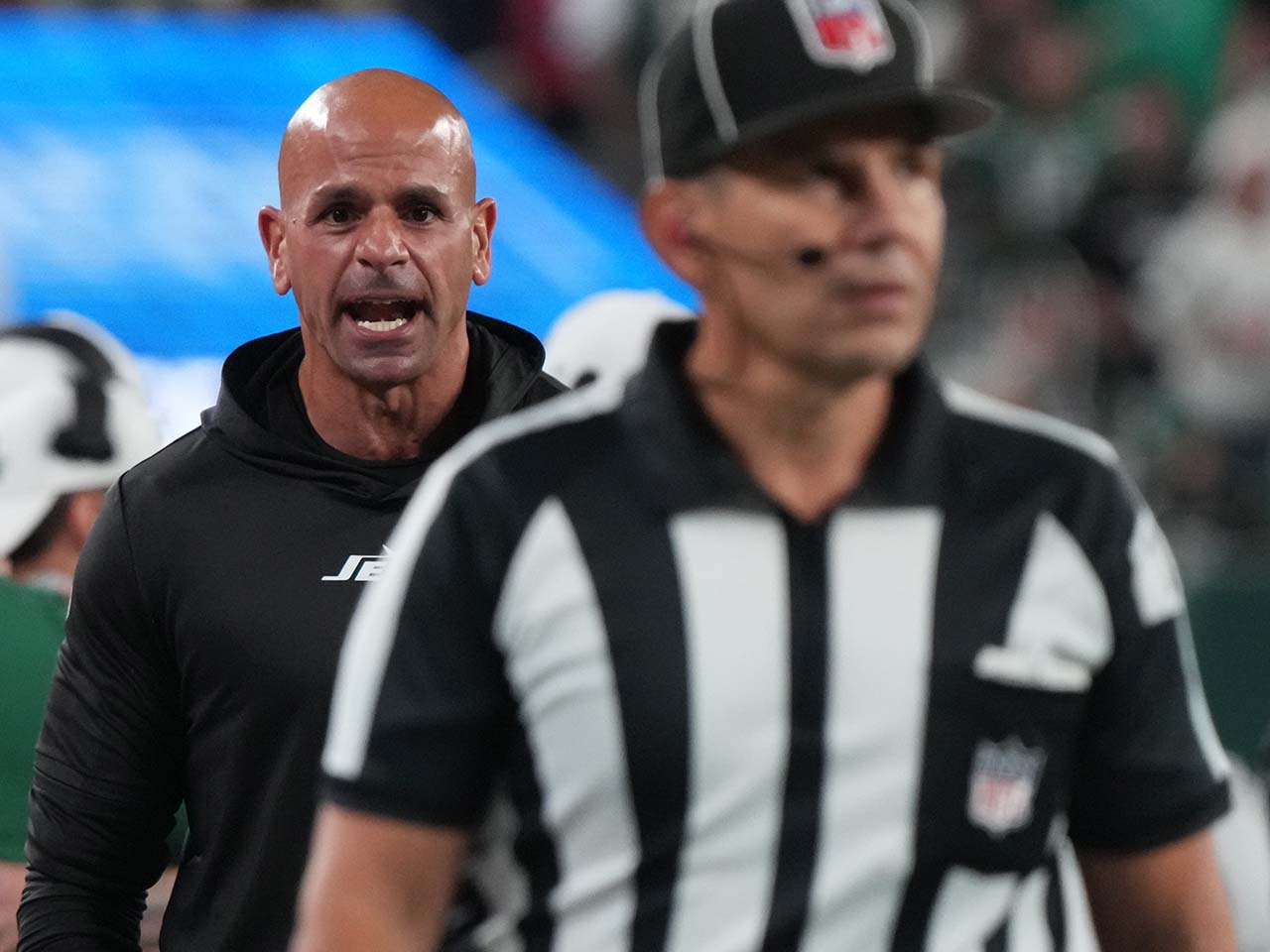 After the Chiefs get a first down and ice the game, Jets head coach Robert Saleh argues a previous defensive holding call late in the game. The New York Jets host the Kansas City Chiefs at MetLife Stadium in East Rutherford, NJ on October 1, 2023.