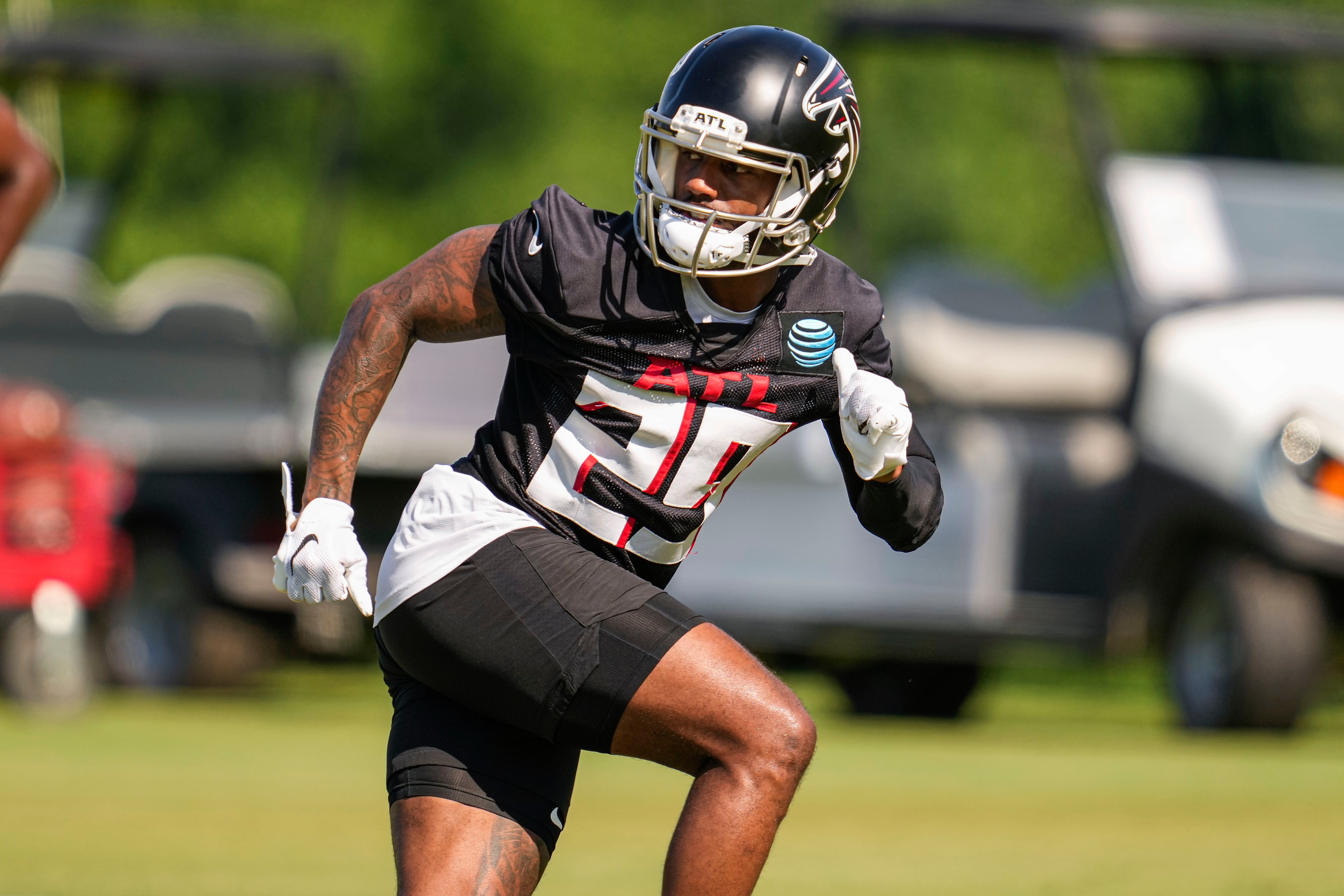 Jul 29, 2022; Flowery Branch, GA, USA; Atlanta Falcons cornerback Casey Hayward (29) runs during training camp at IBM Performance Field.