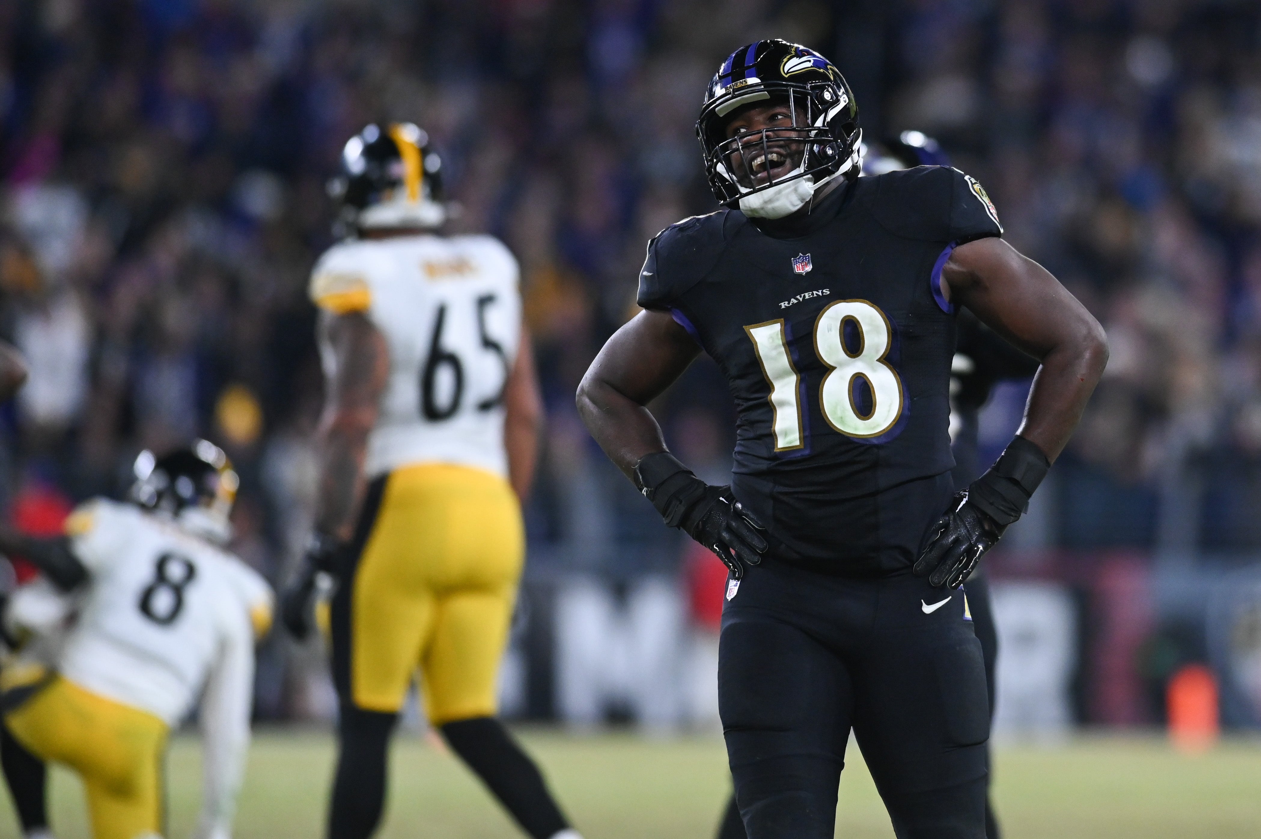Jan 1, 2023; Baltimore, Maryland, USA; Baltimore Ravens linebacker Roquan Smith (18) reacts during the second half against the Pittsburgh Steelersat M&T Bank Stadium. Mandatory Credit: Tommy Gilligan-USA TODAY Sports  
