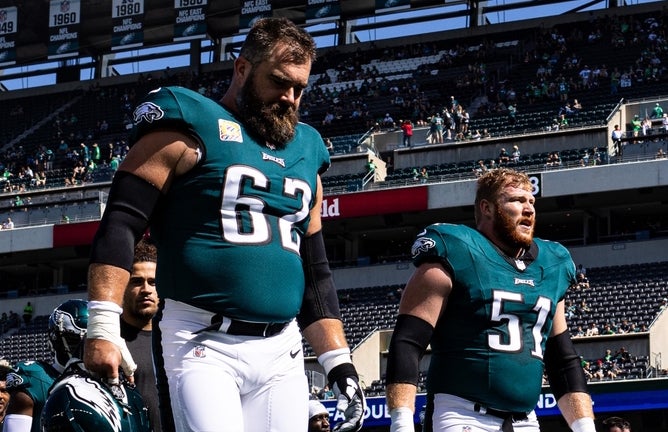 Eagles center Jason Kelce and right guard Cam Jurgens