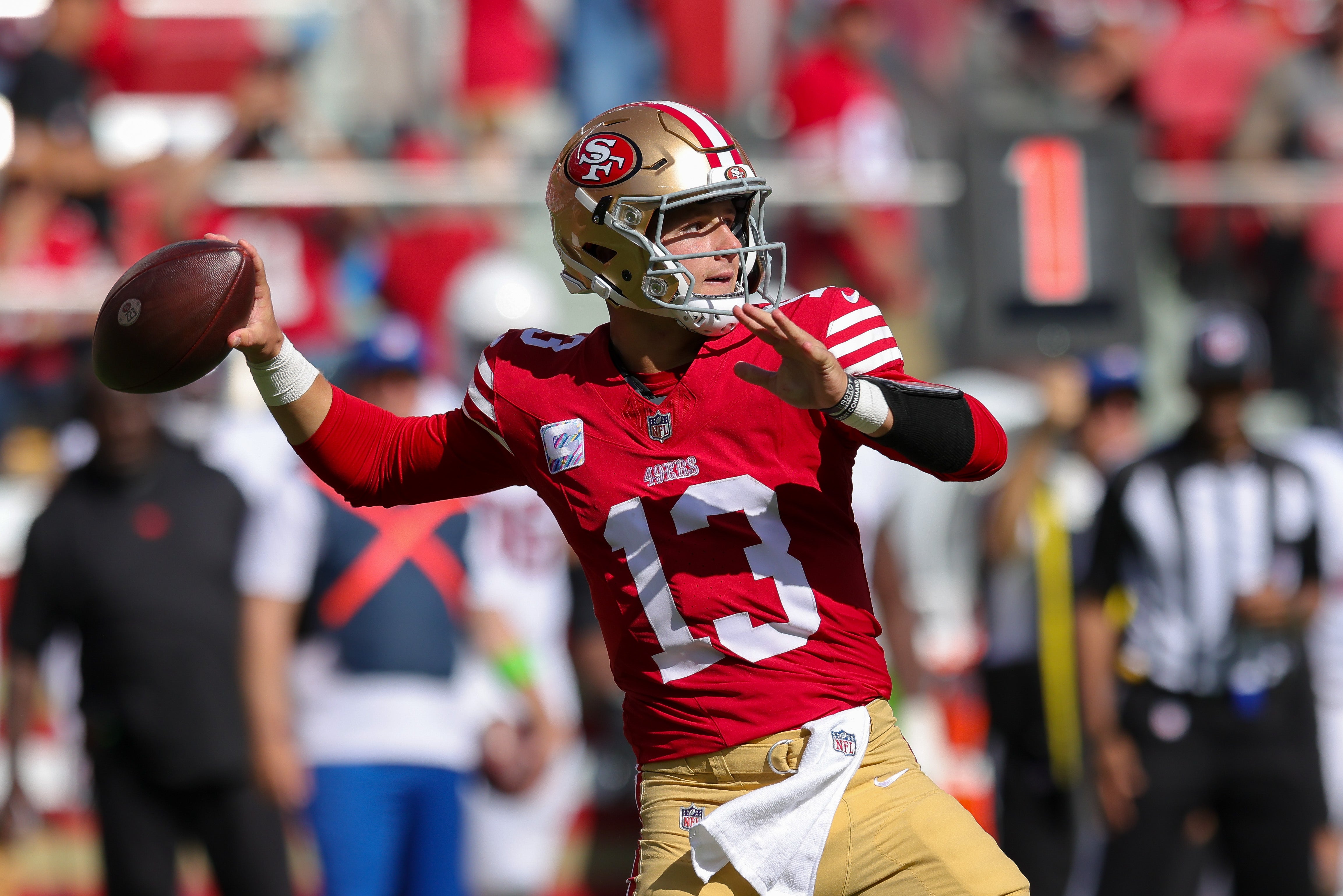 Oct 1, 2023; Santa Clara, California, USA; San Francisco 49ers quarterback Brock Purdy (13) throws a pass during the third quarter against the Arizona Cardinals at Levi's Stadium.