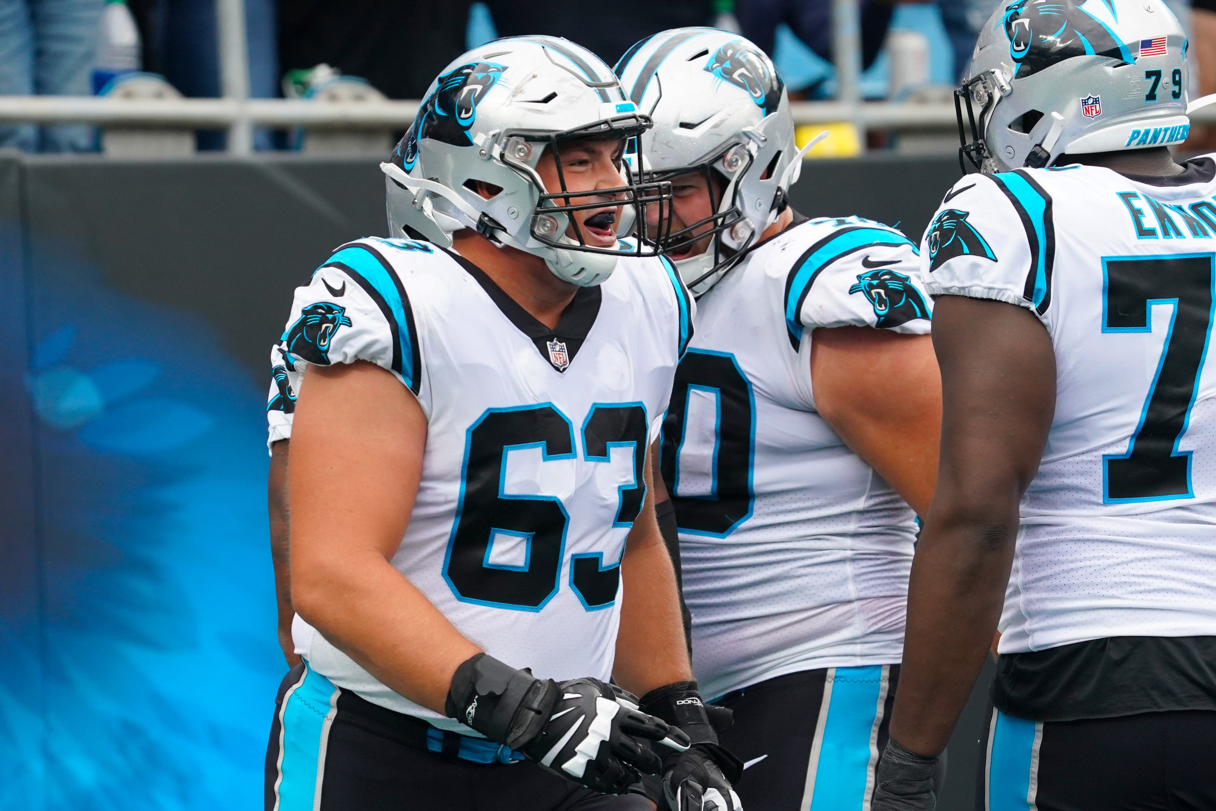 Sep 25, 2022; Charlotte, North Carolina, USA; Carolina Panthers guard Austin Corbett (63) celebrate a Panthers touchdown against the New Orleans Saints during the second halfat Bank of America Stadium. Mandatory Credit: James Guillory-USA TODAY Sports