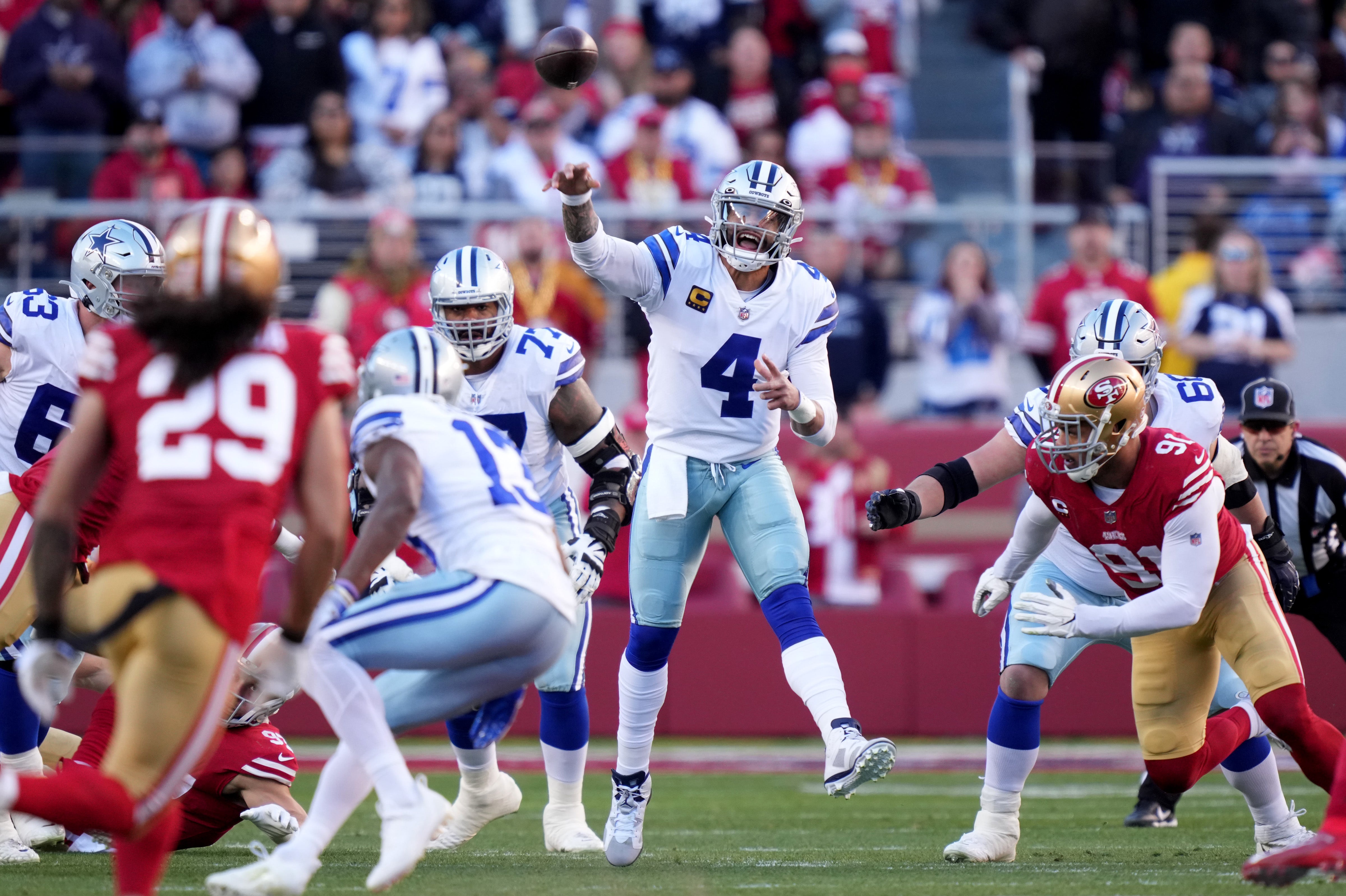 Dallas Cowboys quarterback Dak Prescott (4) throws during the first quarter of a NFC divisional round game against the San Francisco 49ers at Levi's Stadium. Mandatory Credit: Kyle Terada-USA TODAY