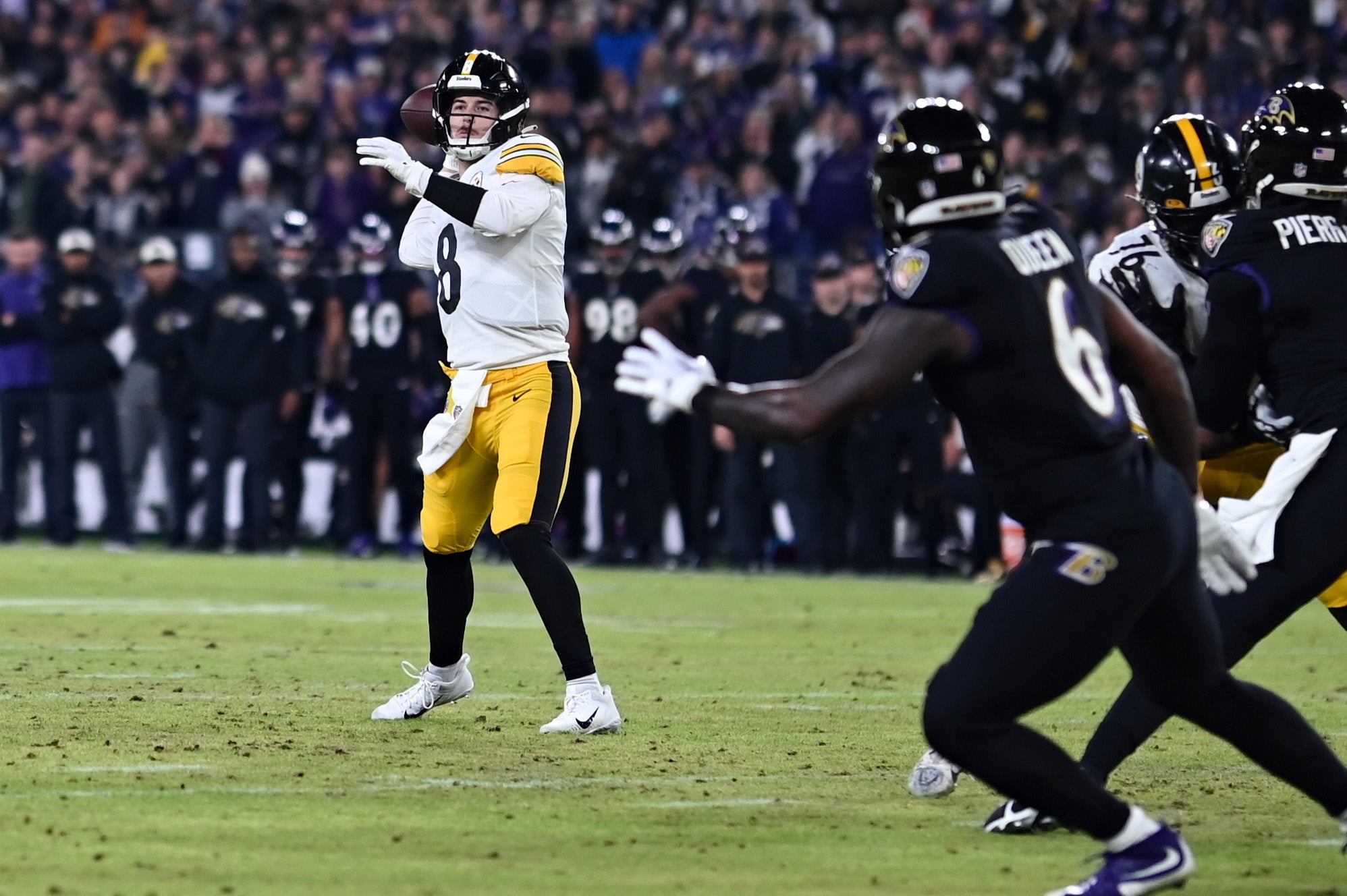 Jan 1, 2023; Baltimore, Maryland, USA; Pittsburgh Steelers quarterback Kenny Pickett (8) throws during the first quarter against the Baltimore Ravens at M&T Bank Stadium. Mandatory Credit: Tommy Gilligan-USA TODAY Sports