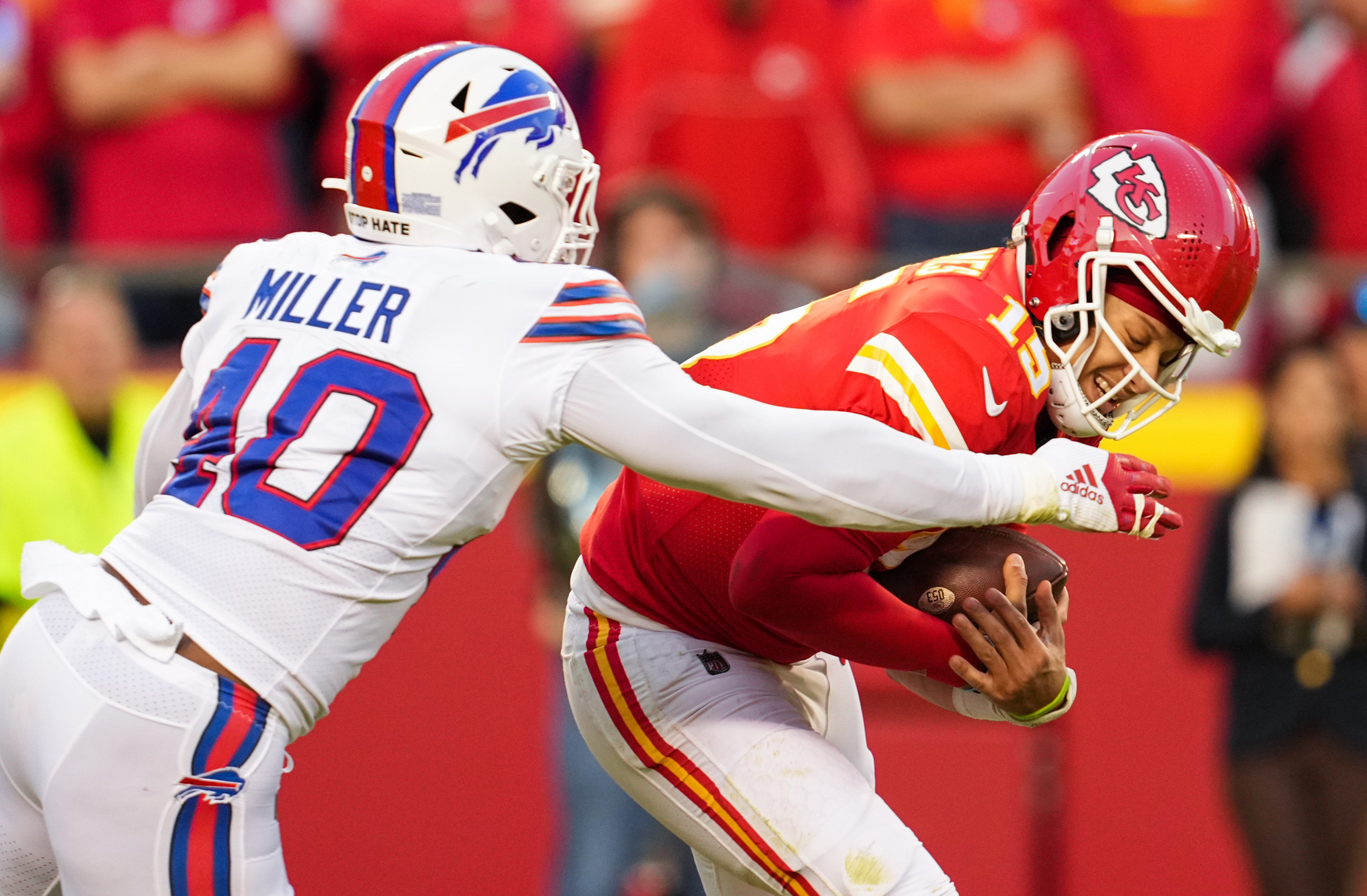 Buffalo Bills pass rusher Von Miller making a tackle on Kansas City Chiefs QB Patrick Mahomes