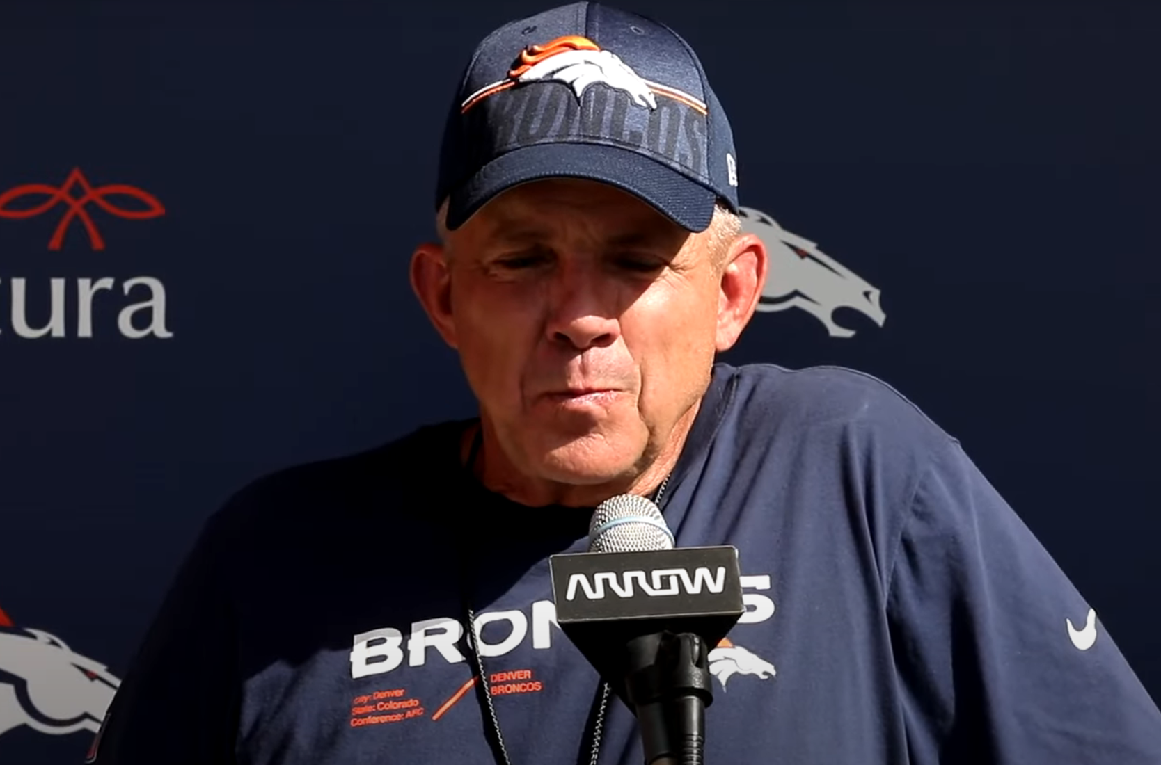 Denver Broncos head coach Sean Payton talking to the media before their upcoming contest against the New York Jets