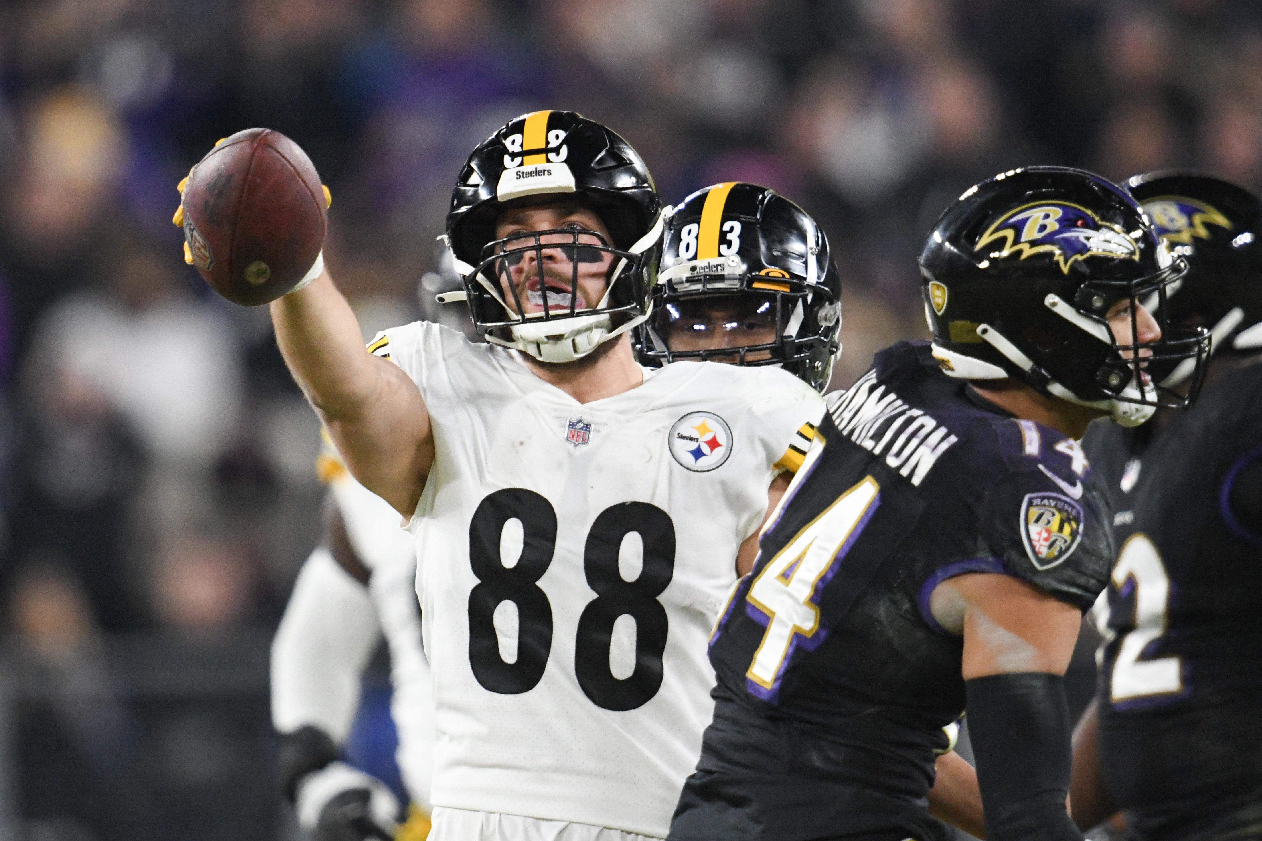 Jan 1, 2023; Baltimore, Maryland, USA; Pittsburgh Steelers tight end Pat Freiermuth (88) reacts after a first down during the first half at against the Baltimore Ravens M&T Bank Stadium. Mandatory Credit: Tommy Gilligan-USA TODAY Sports