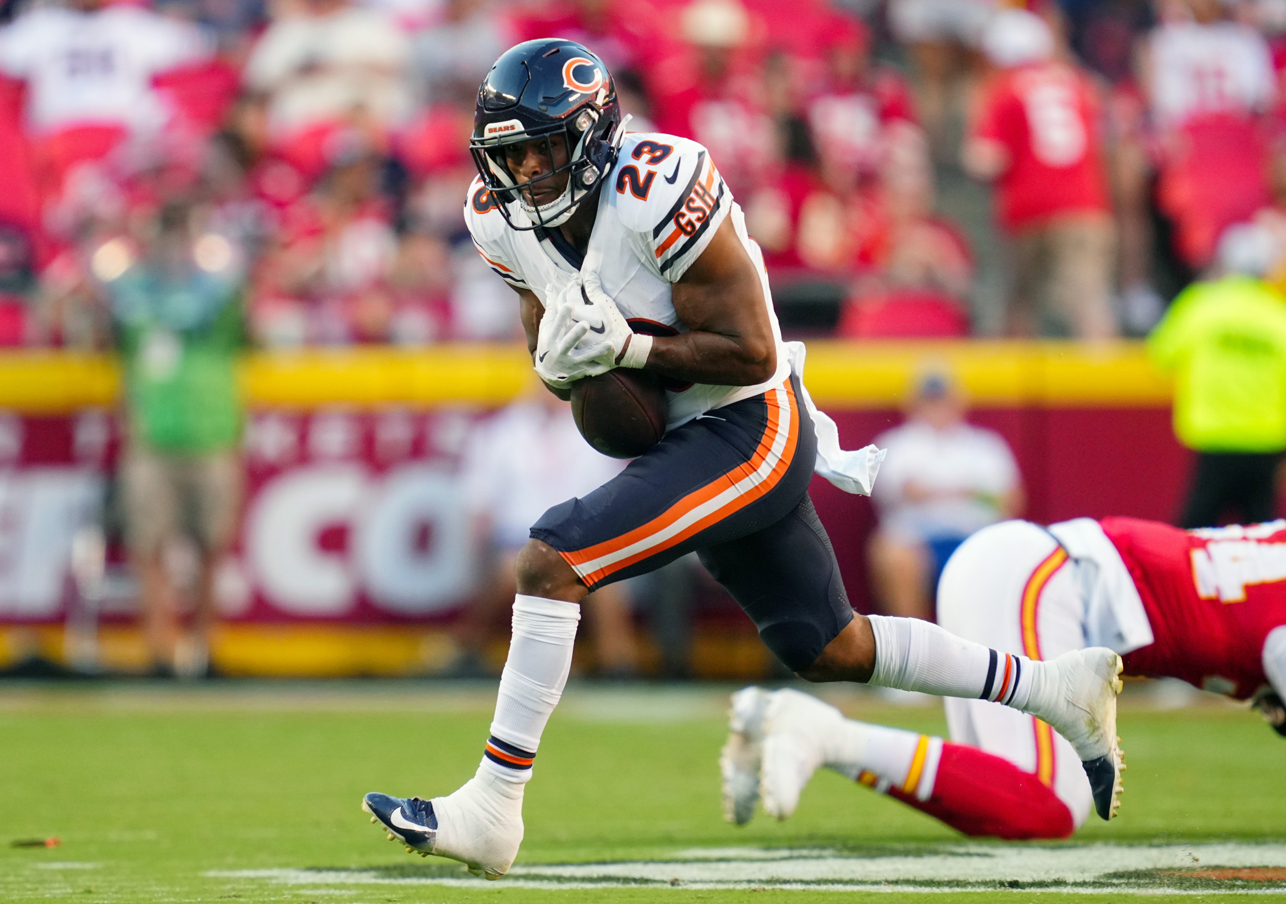 Sep 24, 2023; Kansas City, Missouri, USA; Chicago Bears running back Roschon Johnson (23) catches a pass against the Kansas City Chiefs during the second half at GEHA Field at Arrowhead Stadium.