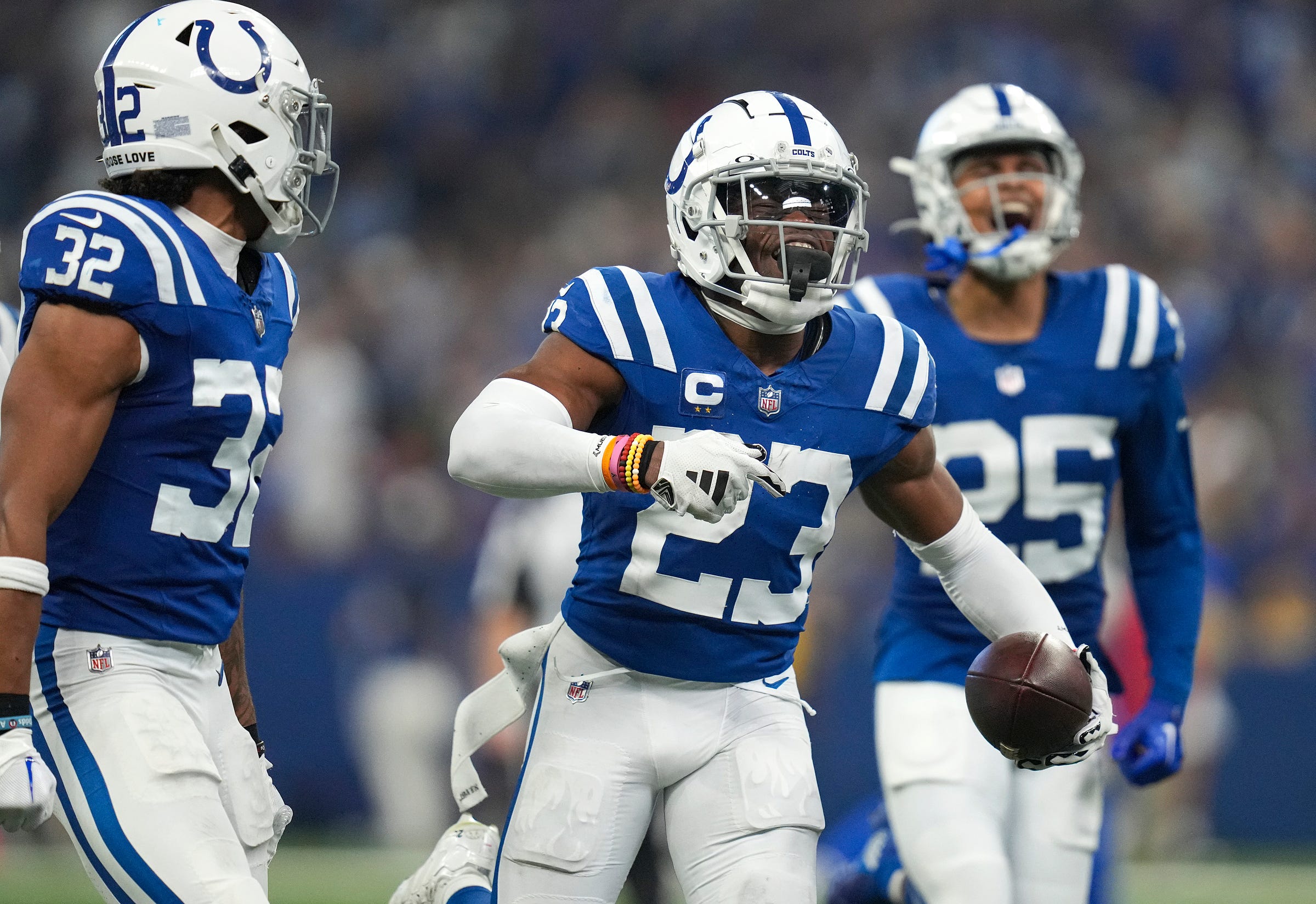 Indianapolis Colts cornerback Kenny Moore II (23) celebrates after he made an interception during the second half of the game against the Los Angeles Rams on Sunday, Oct. 1, 2023, at Lucas Oil Stadium in Indianapolis. The Colts lost in overtime, 29-23.