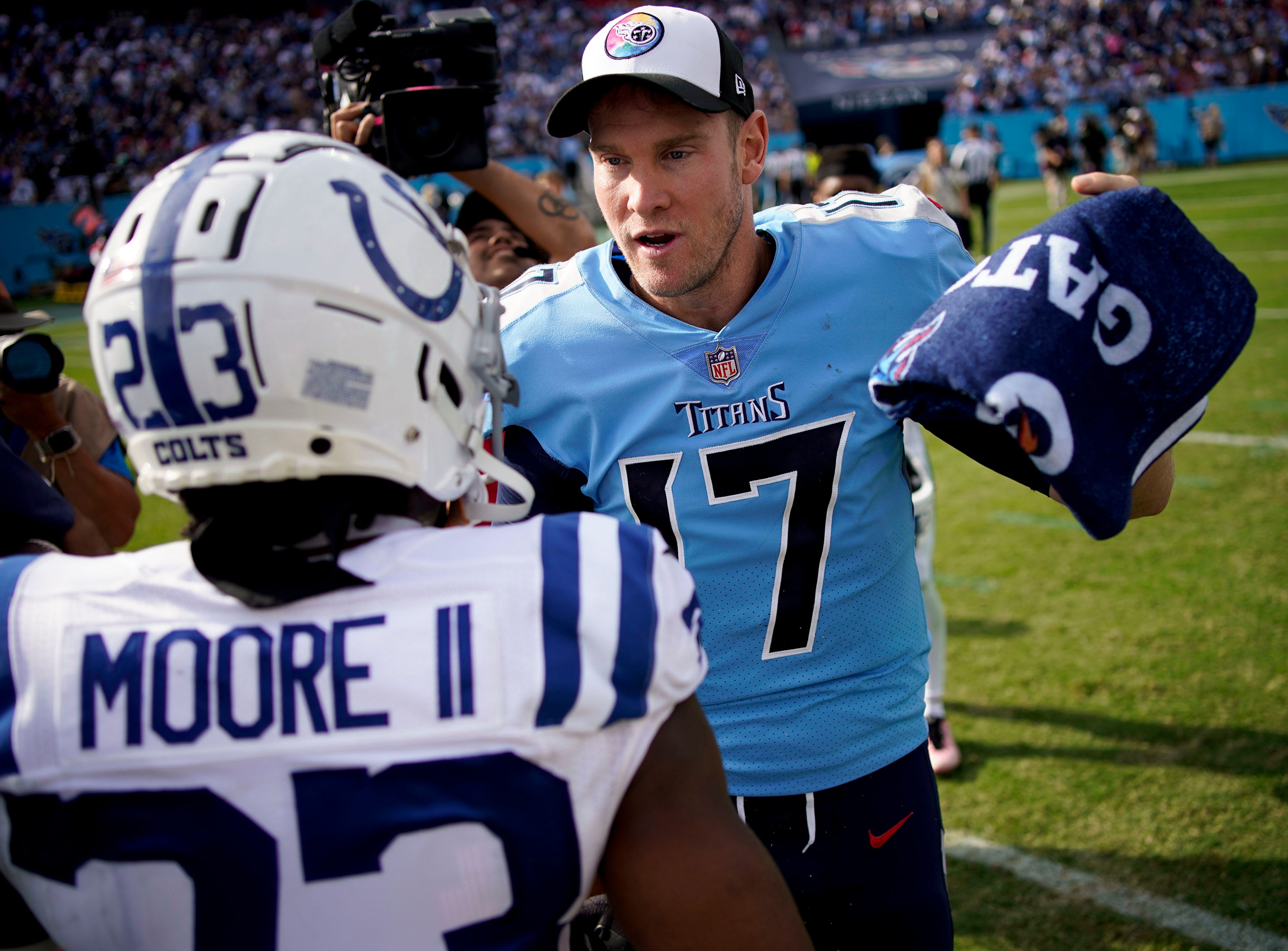 Tennessee Titans quarterback Ryan Tannehill (17) talks to to Indianapolis Colts cornerback Kenny Moore II (23) after beating the Indianapolis Colts at Nissan Stadium Sunday, Oct. 23, 2022, in Nashville, Tenn. Nfl Indianapolis Colts At Tennessee Titans