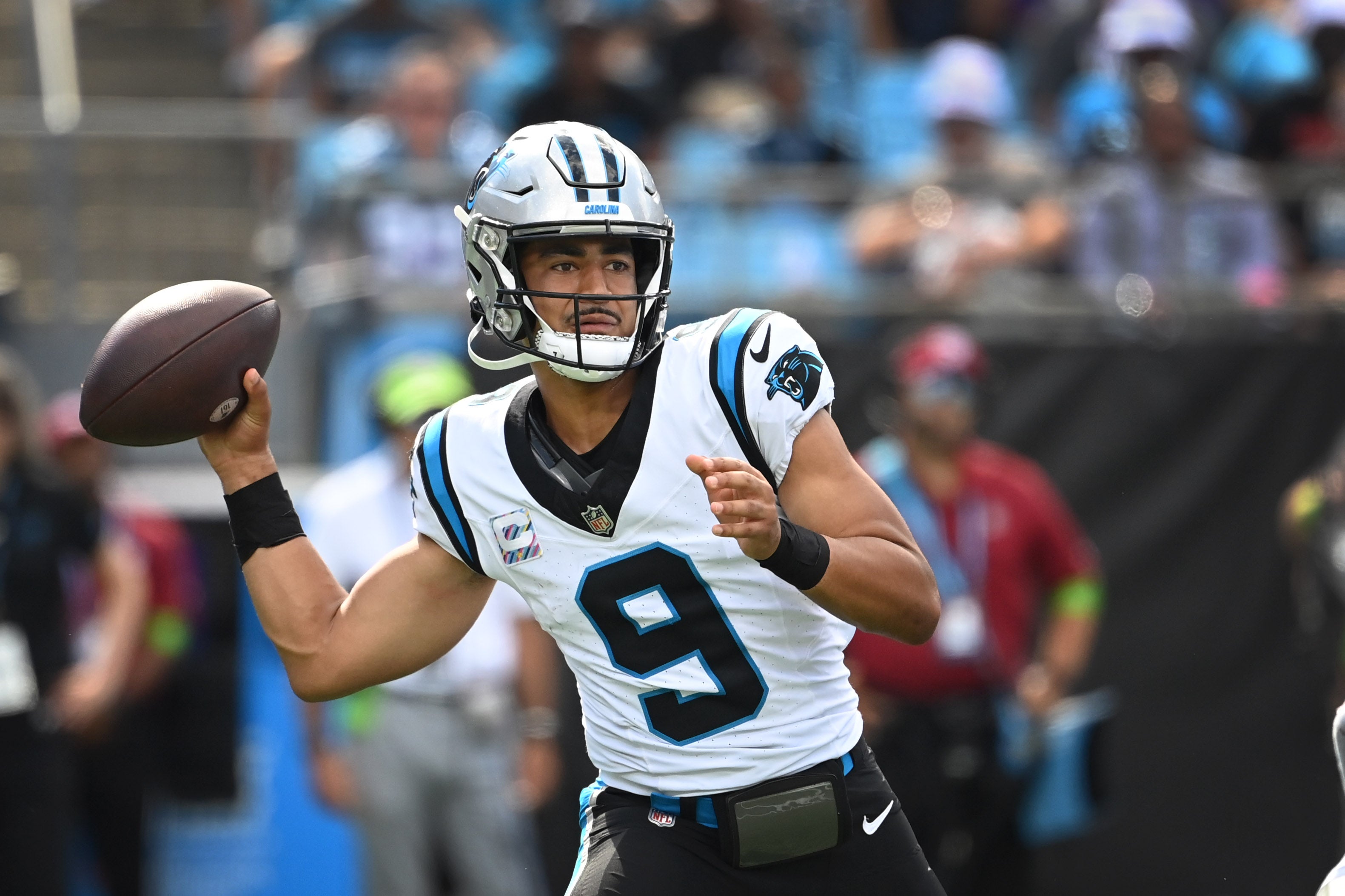 Oct 1, 2023; Charlotte, North Carolina, USA; Carolina Panthers quarterback Bryce Young (9) looks to pass in the third quarter at Bank of America Stadium. Mandatory Credit: Bob Donnan-USA TODAY Sports.