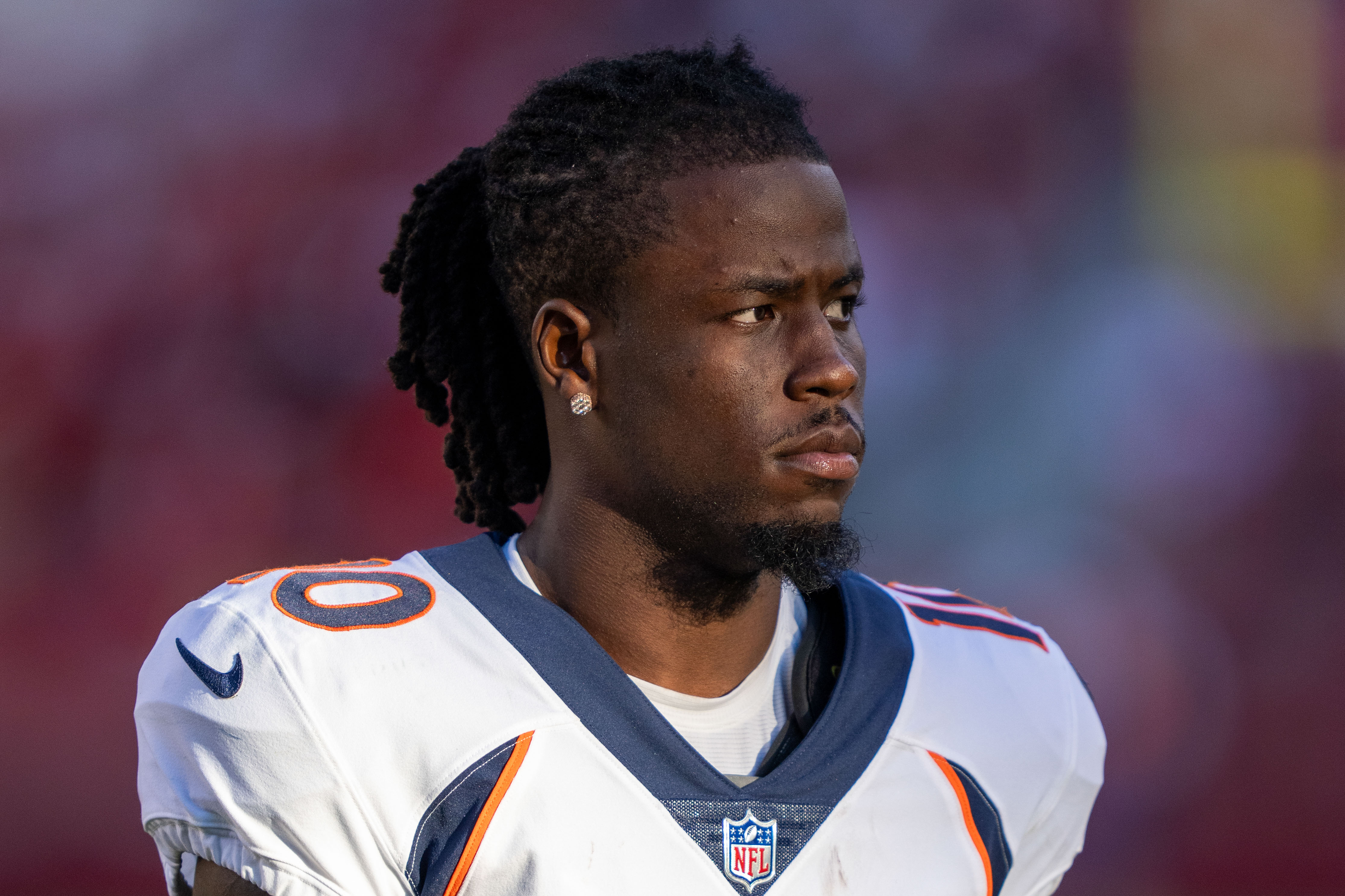 August 19, 2023; Santa Clara, California, USA; Denver Broncos wide receiver Jerry Jeudy (10) during halftime against the San Francisco 49ers at Levi's Stadium. Mandatory Credit: Kyle Terada-USA TODAY Sports