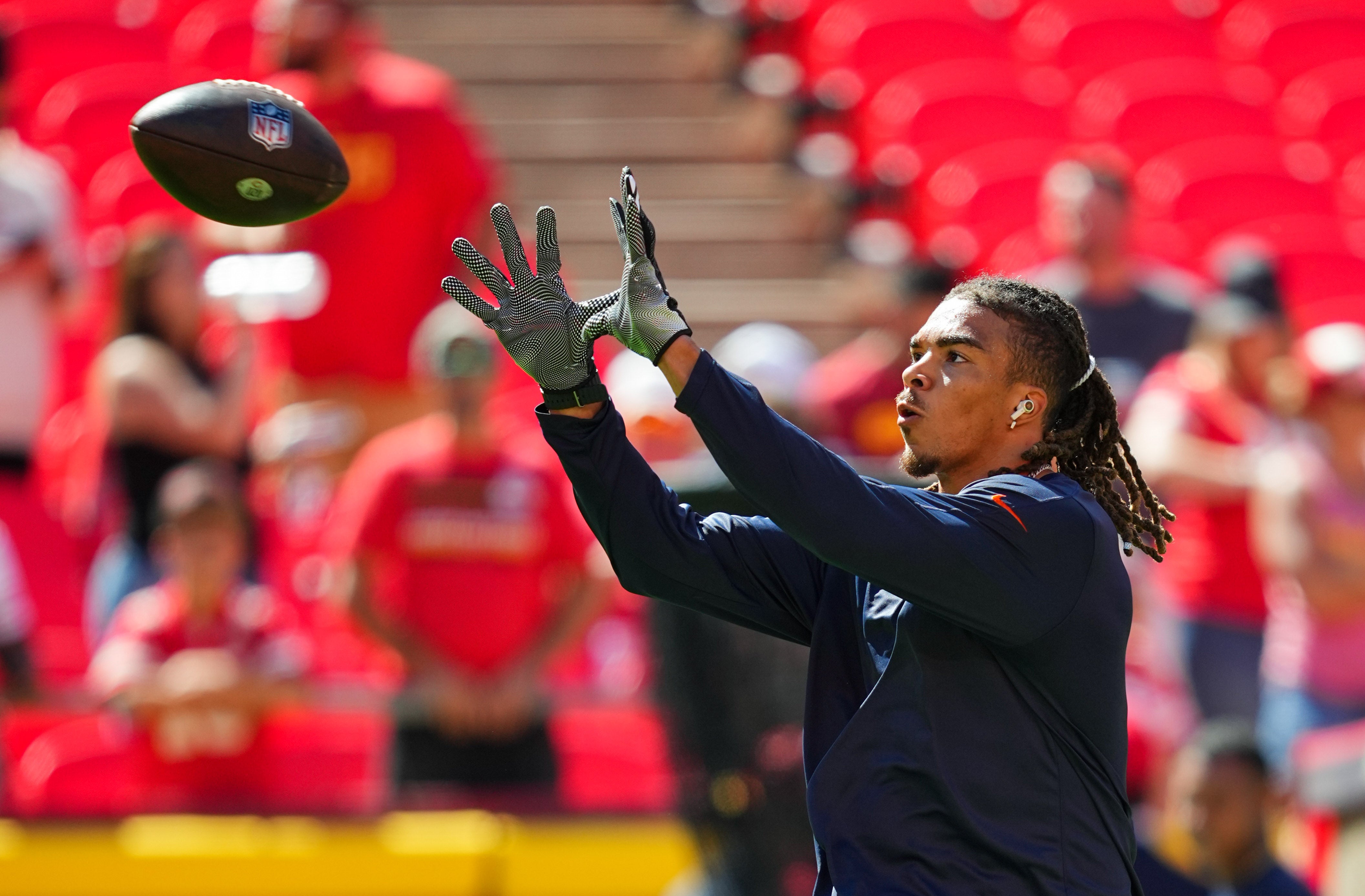 Sep 24, 2023; Kansas City, Missouri, USA; Chicago Bears wide receiver Chase Claypool (10) warms up prior to a game against the Kansas City Chiefs at GEHA Field at Arrowhead Stadium.