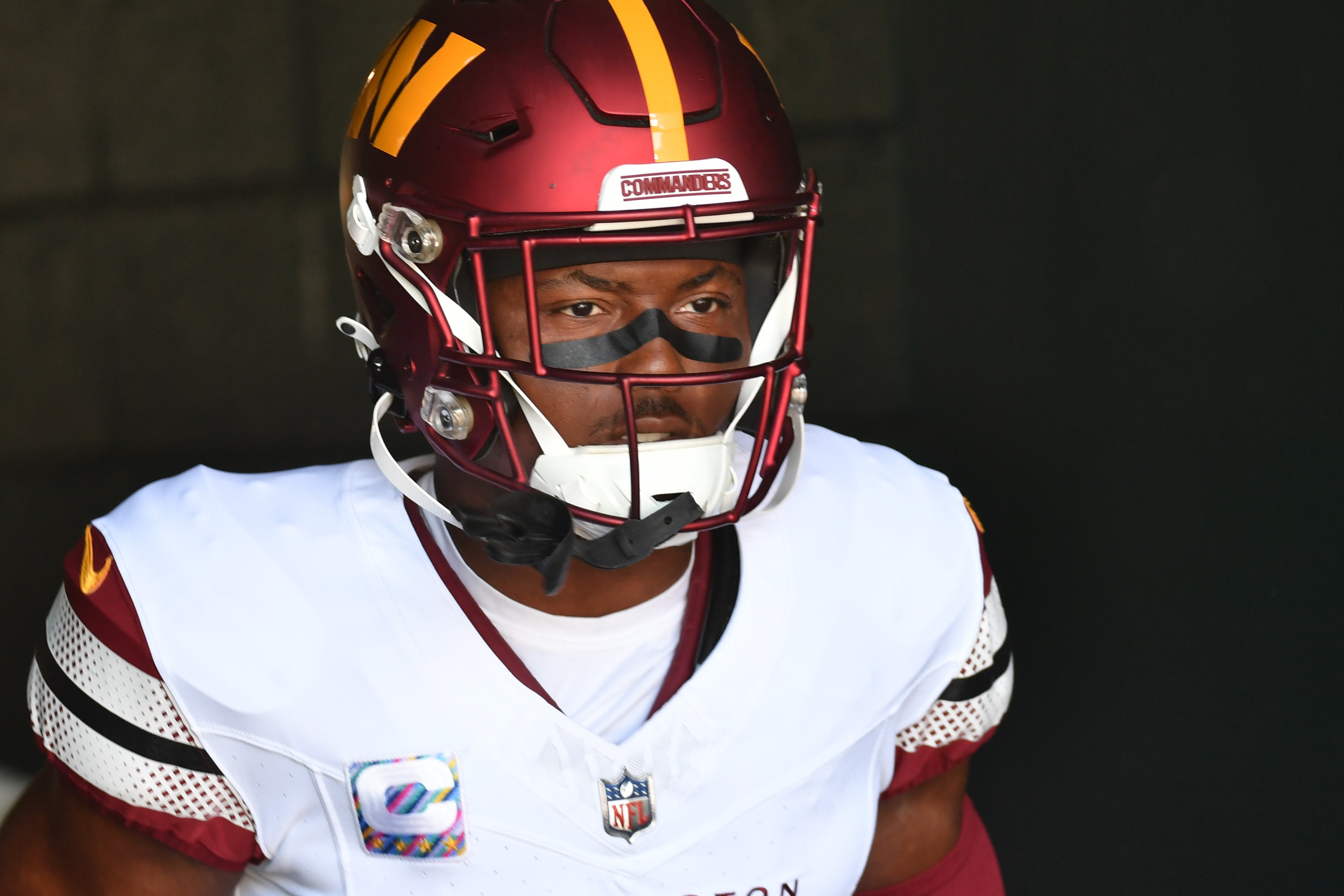 Oct 1, 2023; Philadelphia, Pennsylvania, USA; Washington Commanders wide receiver Terry McLaurin (17) inside the tunnel against the Philadelphia Eagles at Lincoln Financial Field.