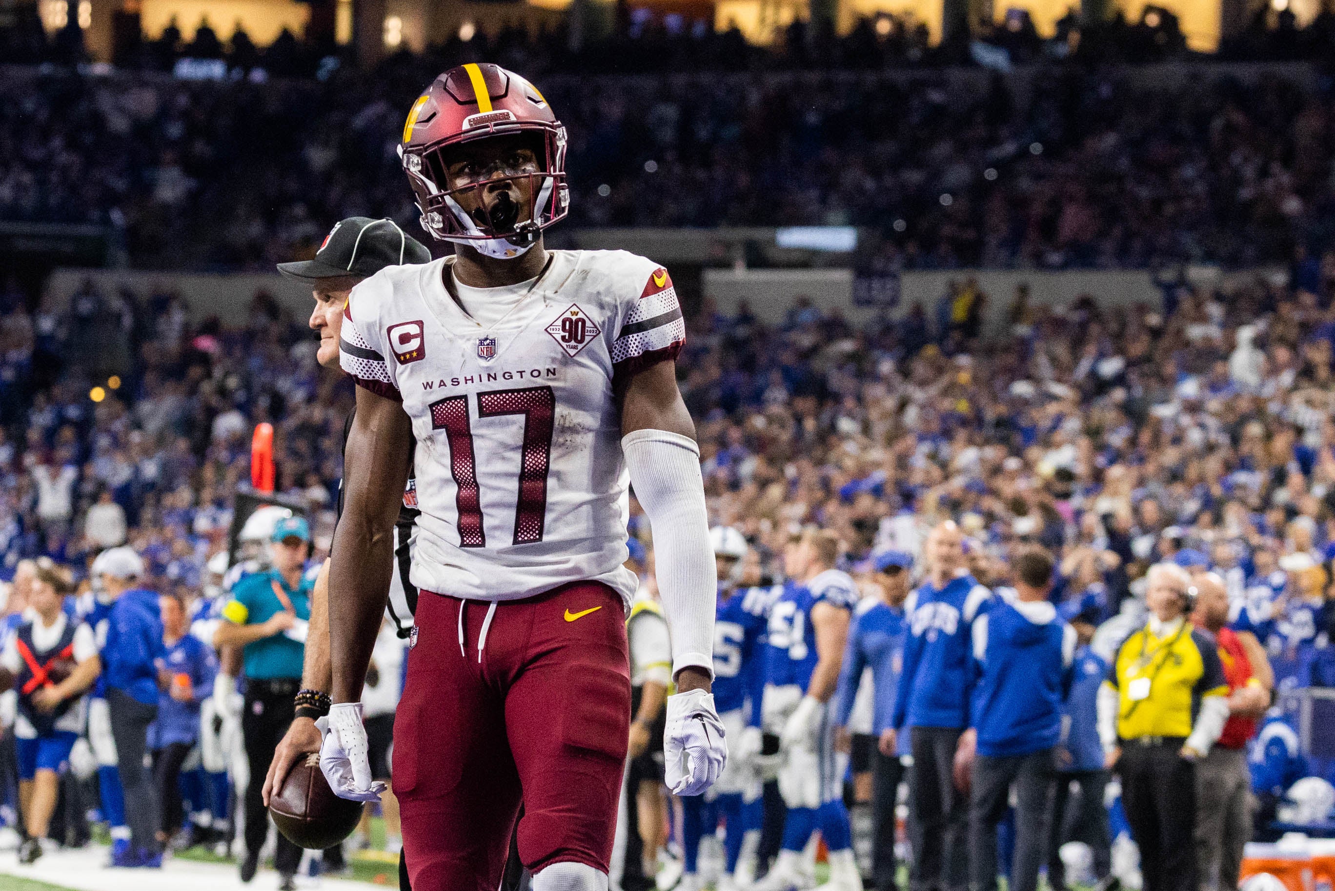 Oct 30, 2022; Indianapolis, Indiana, USA; Washington Commanders wide receiver Terry McLaurin (17) celebrates his catch in the second half against the Indianapolis Colts at Lucas Oil Stadium.