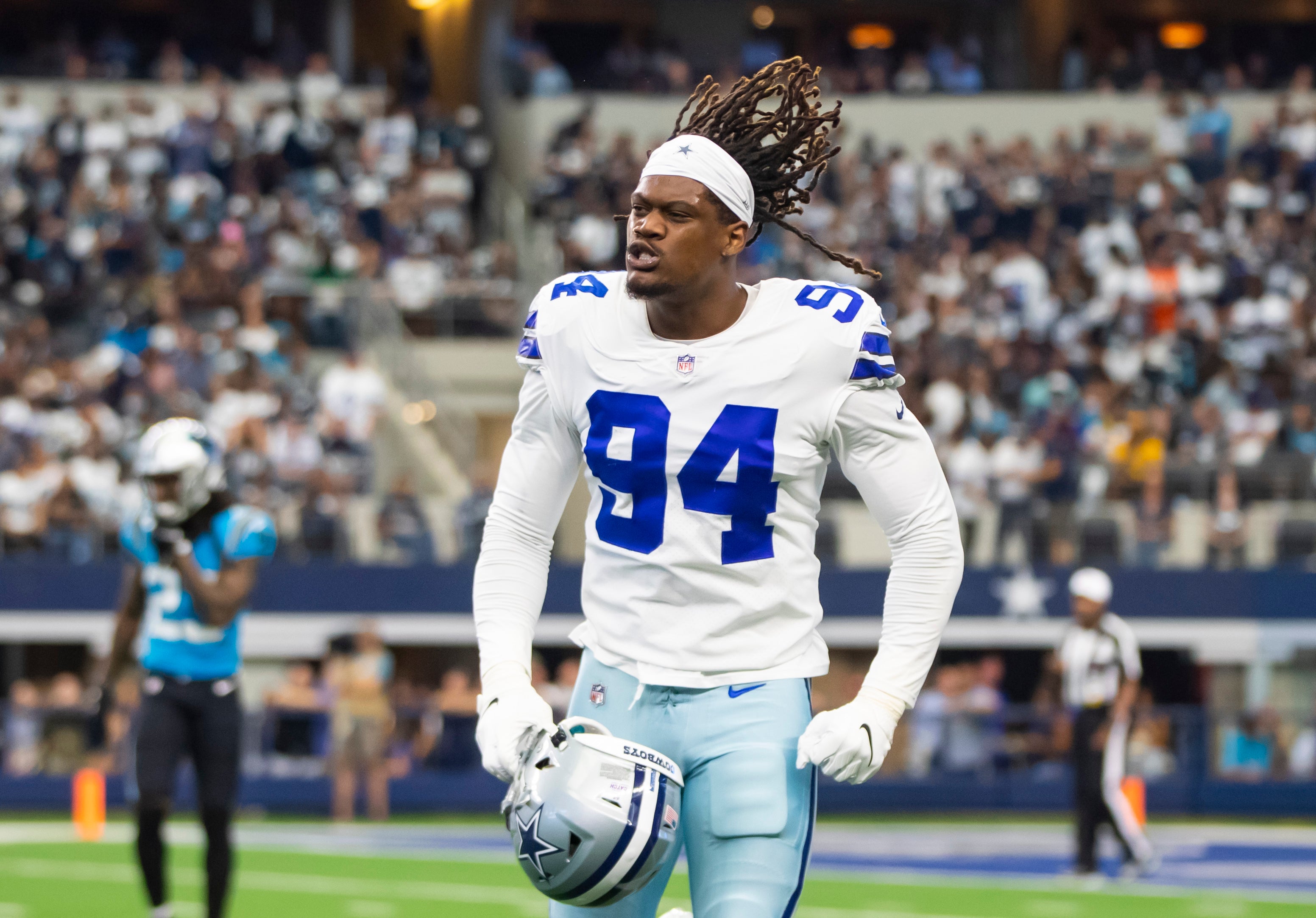 Dallas Cowboys defensive end Randy Gregory (94) celebrates against the Carolina Panthers at AT&T Stadium. Mandatory Credit: Mark J. Rebilas-USA TODAY Sports