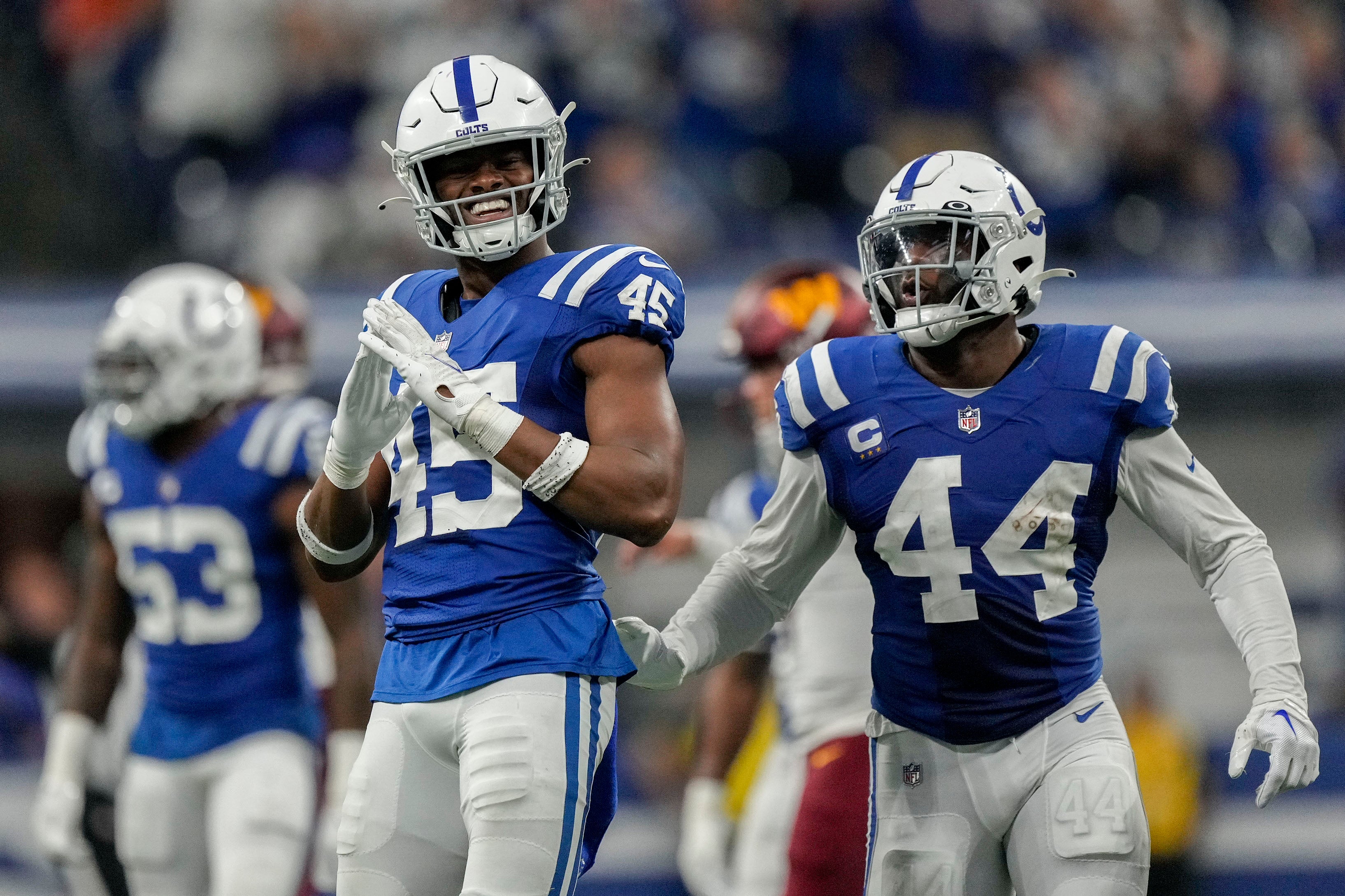 Oct 30, 2022; Indianapolis, Indiana, USA; Indianapolis Colts linebacker E.J. Speed (45) celebrates after a play Sunday, Oct. 30, 2022, during a game against the Washington Commanders at Indianapolis Colts at Lucas Oil Stadium in Indianapolis.