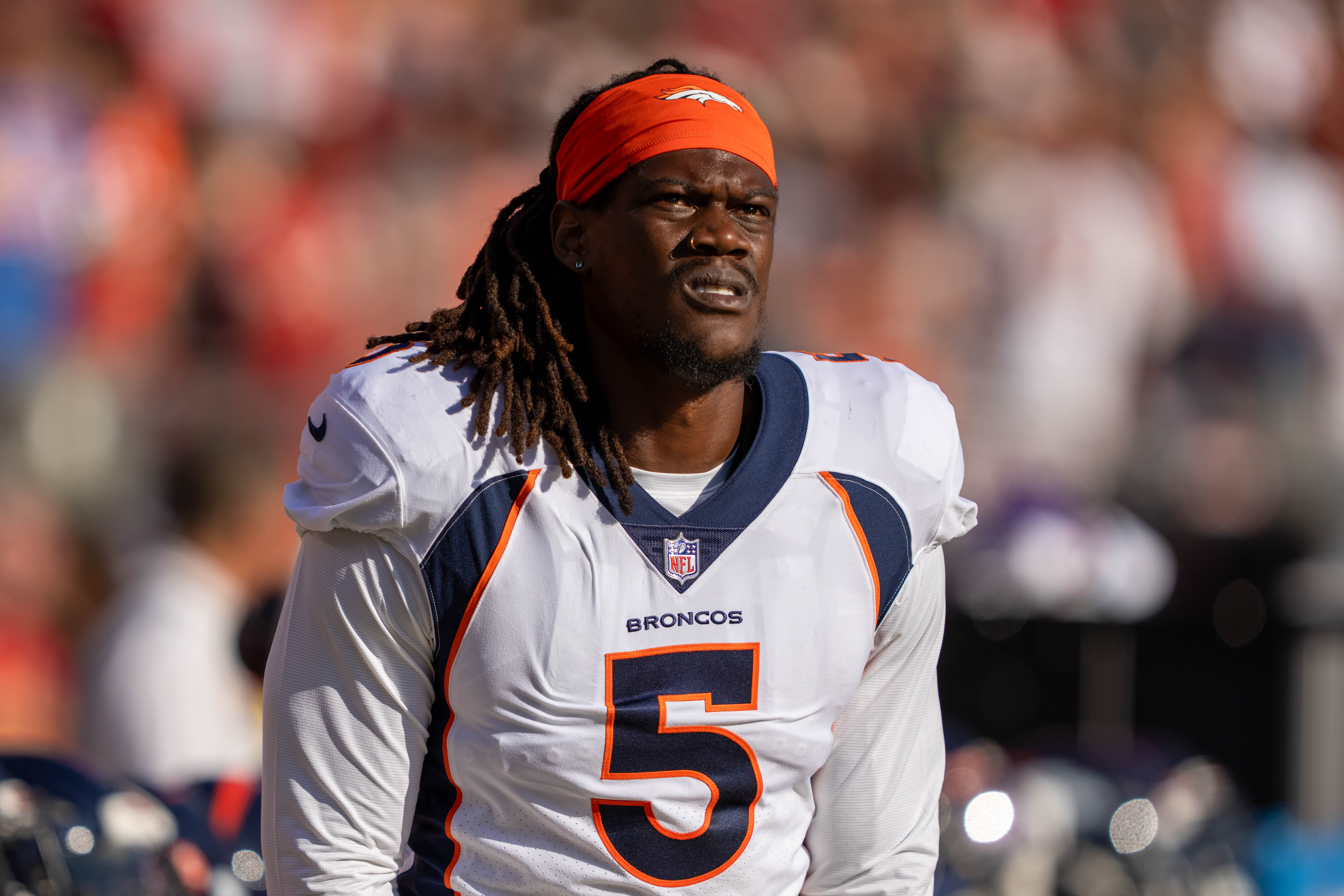 August 19, 2023; Santa Clara, California, USA; Denver Broncos linebacker Randy Gregory (5) before the game against the San Francisco 49ers at Levi's Stadium.