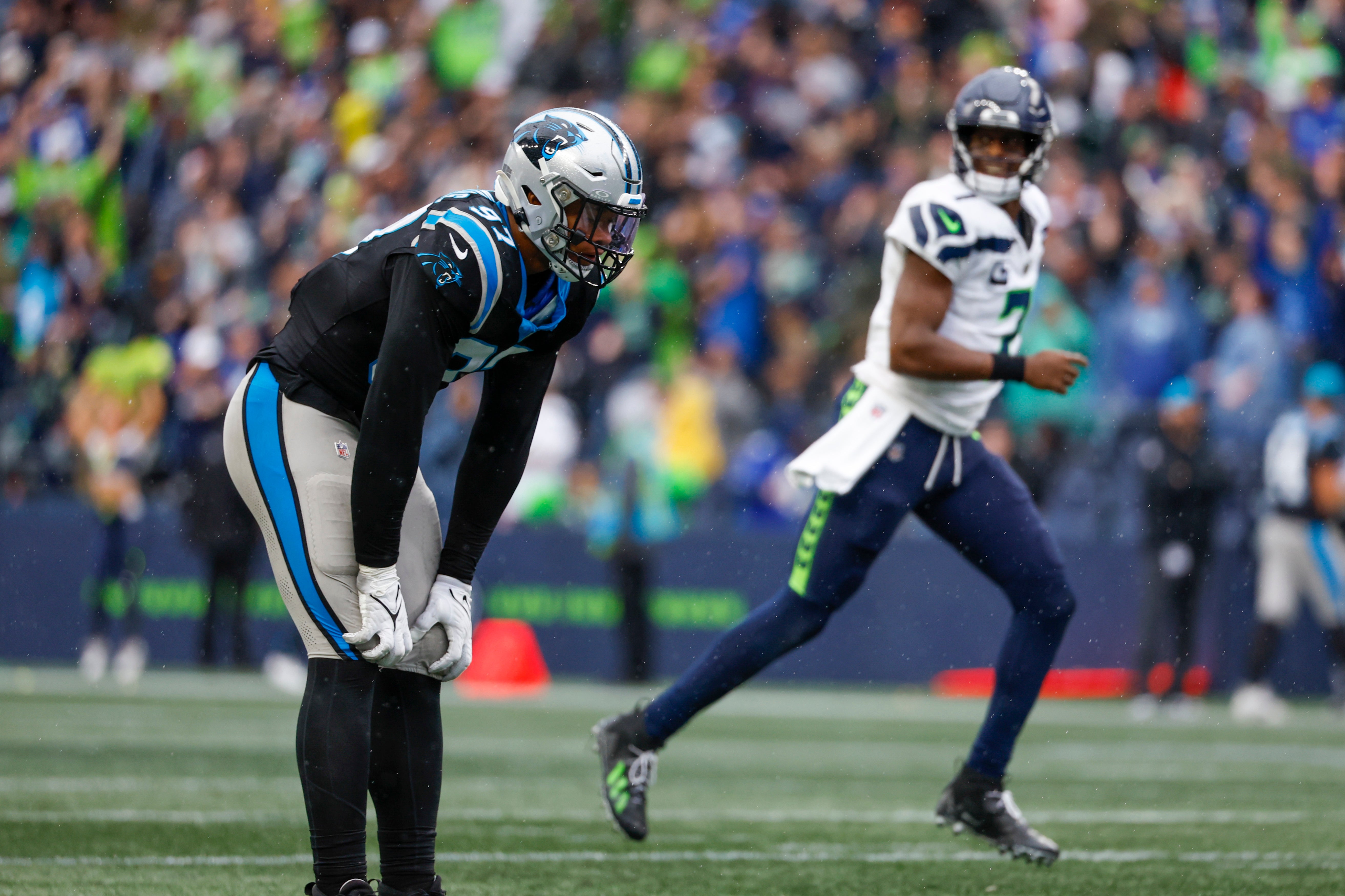 Sep 24, 2023; Seattle, Washington, USA; Carolina Panthers linebacker Yetur Gross-Matos (97) reacts after a successful two-point conversion by the Seattle Seahawks during the fourth quarter at Lumen Field. Mandatory Credit: Joe Nicholson-USA TODAY Sports