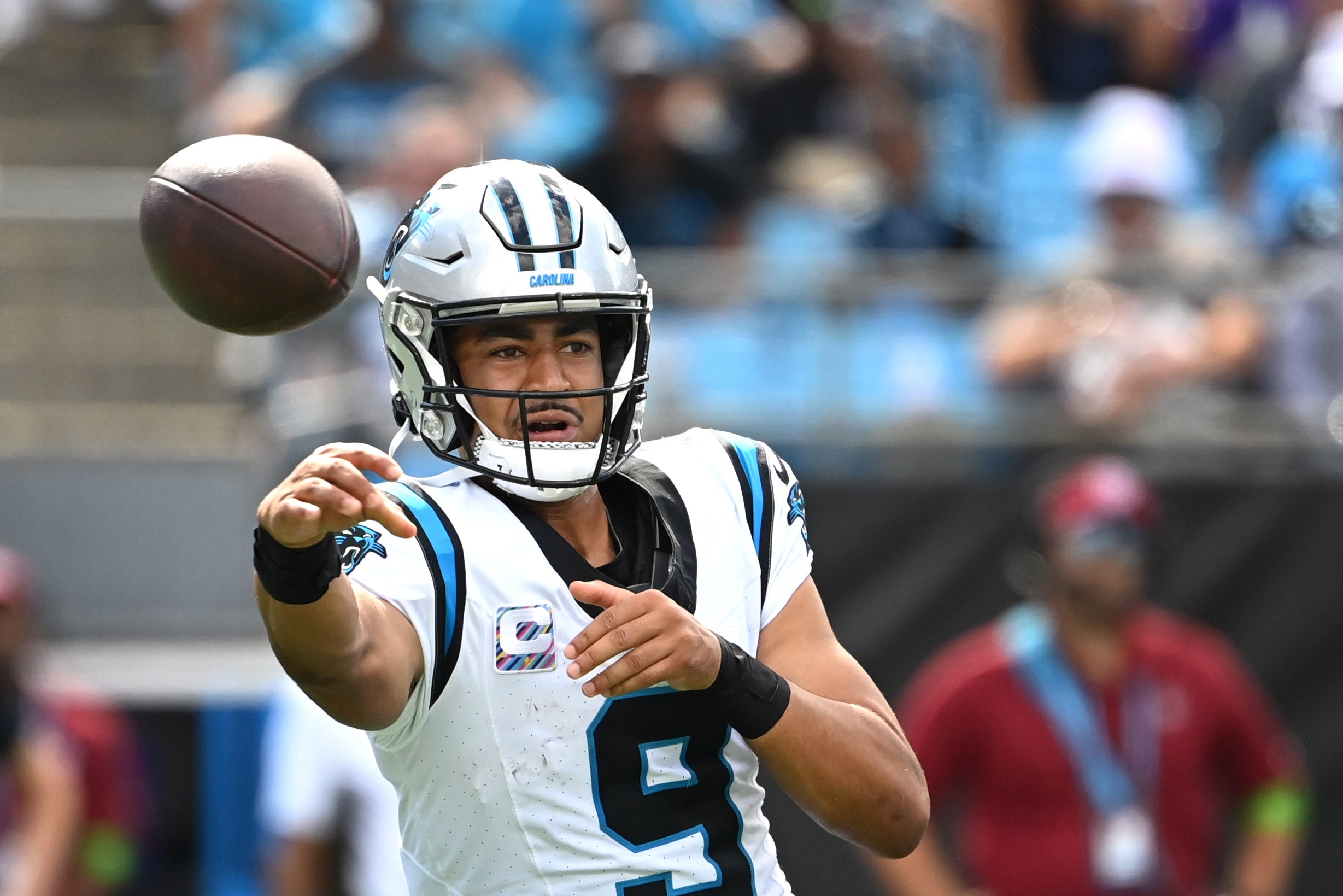 Oct 1, 2023; Charlotte, North Carolina, USA; Carolina Panthers quarterback Bryce Young (9) passes the ball in the third quarter at Bank of America Stadium. Mandatory Credit: Bob Donnan-USA TODAY Sports