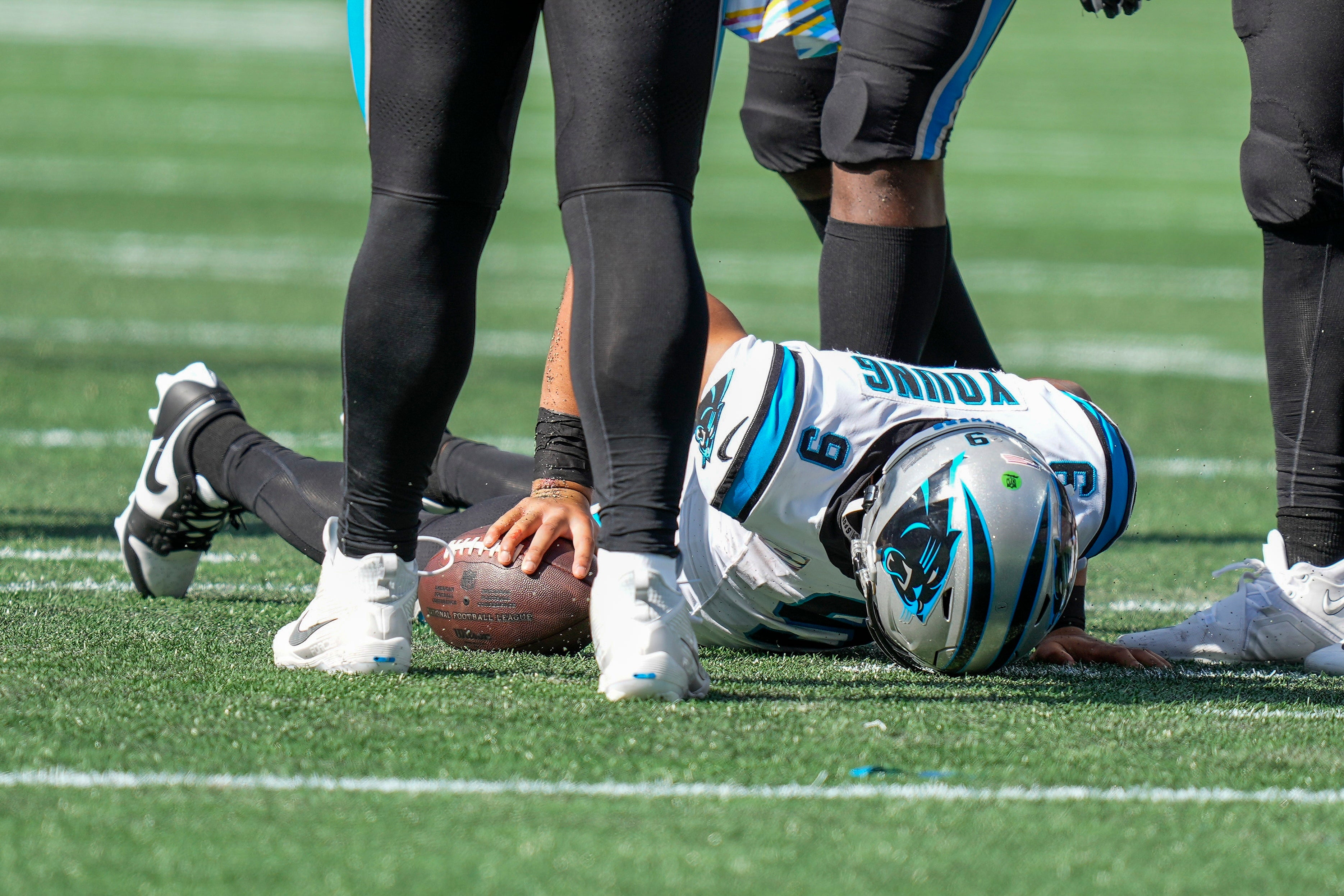 Oct 1, 2023; Charlotte, North Carolina, USA; Carolina Panthers quarterback Bryce Young (9) reacts to a late sack by the Minnesota Vikings during the second half at Bank of America Stadium. Mandatory Credit: Jim Dedmon-USA TODAY Sports