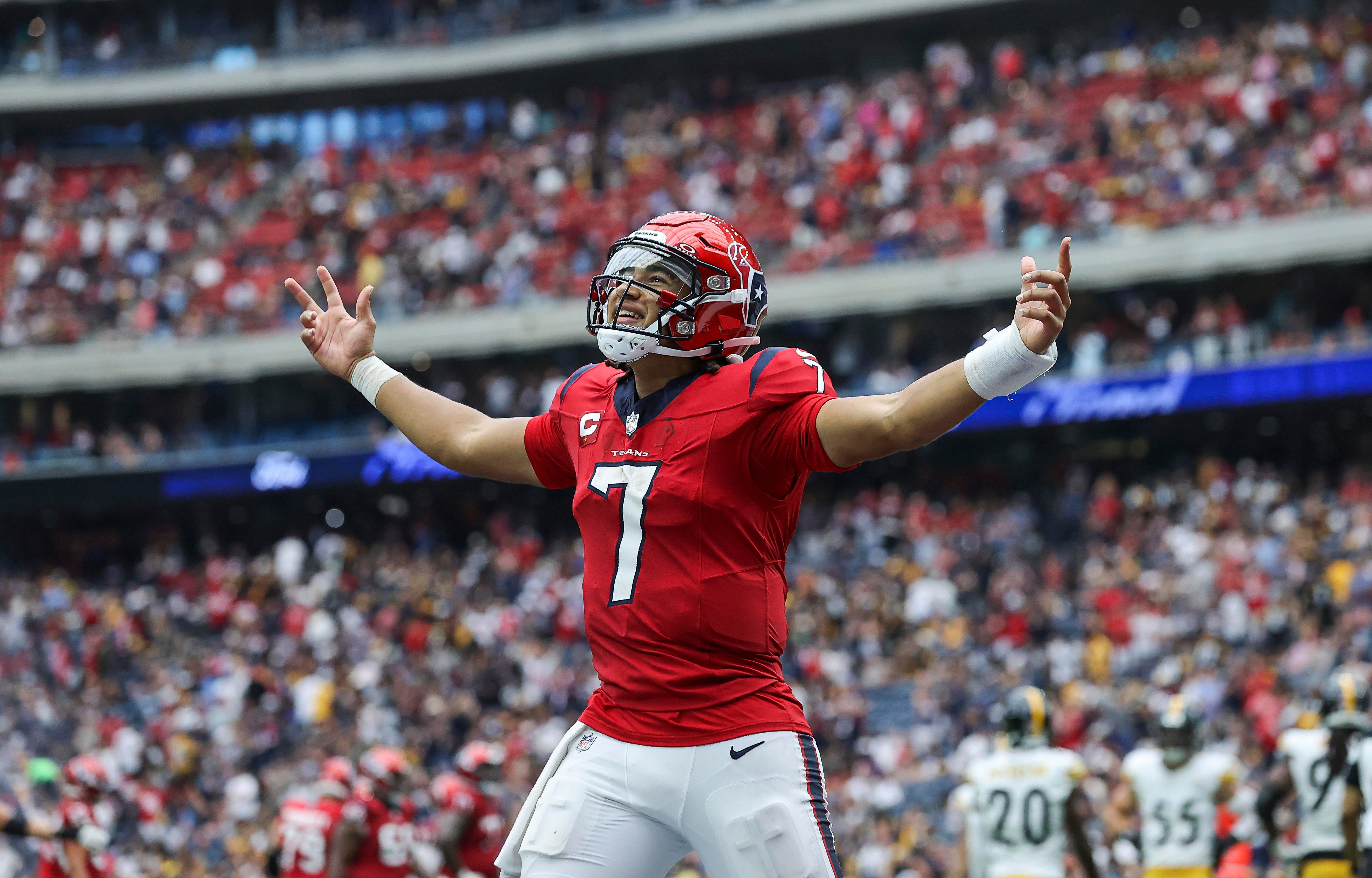 Oct 1, 2023; Houston, Texas, USA; Houston Texans quarterback C.J. Stroud (7) celebrates after a touchdown during the fourth quarter against the Pittsburgh Steelers at NRG Stadium.