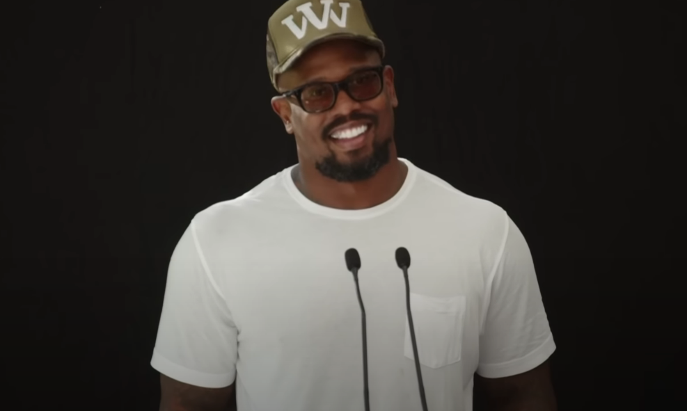 Buffalo Bills pass rusher Von Miller talking to the media before the international game against the Jacksonville Jaguars