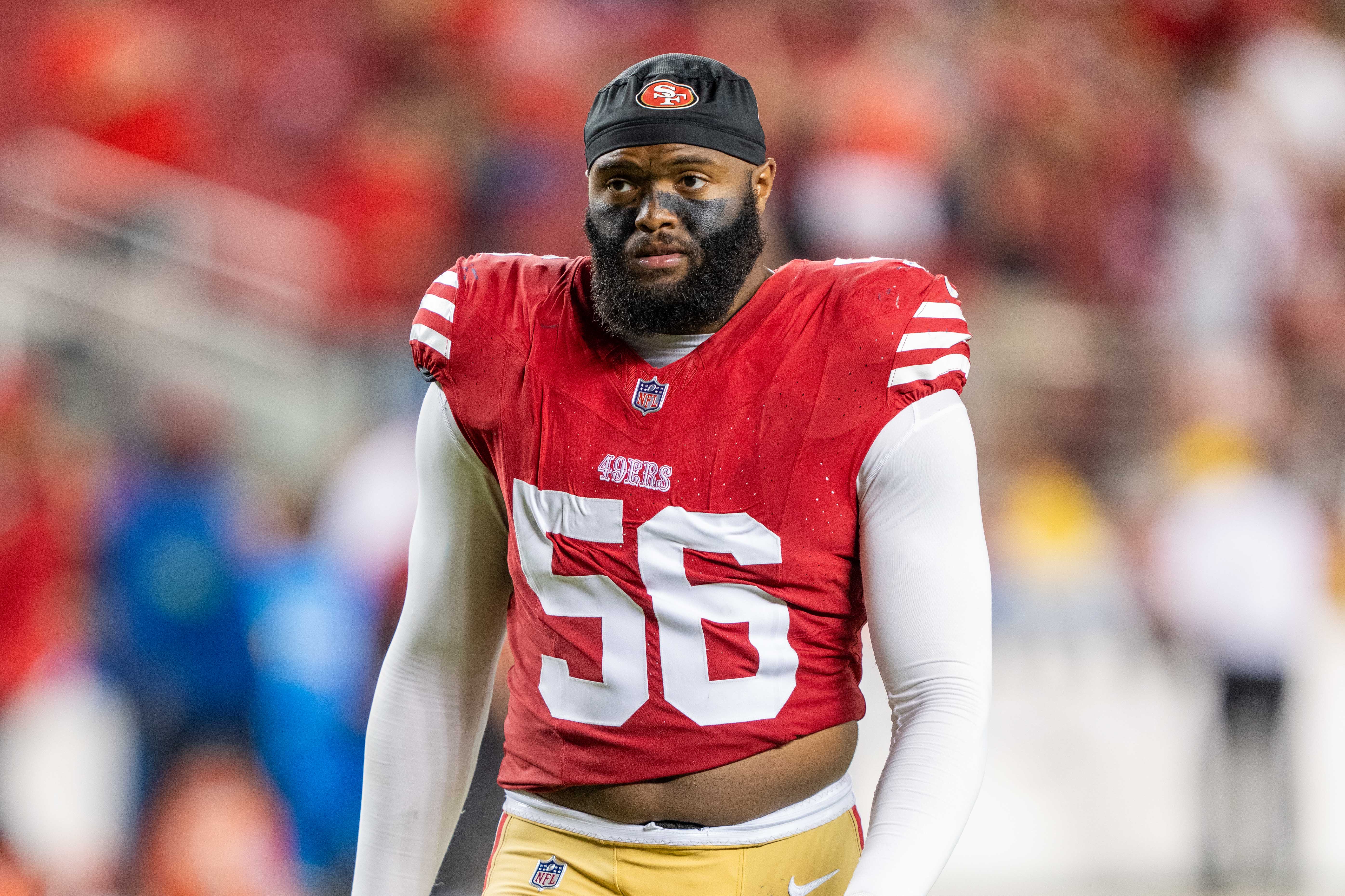August 19, 2023; Santa Clara, California, USA; San Francisco 49ers defensive end Austin Bryant (56) after the game against the Denver Broncos at Levi's Stadium.