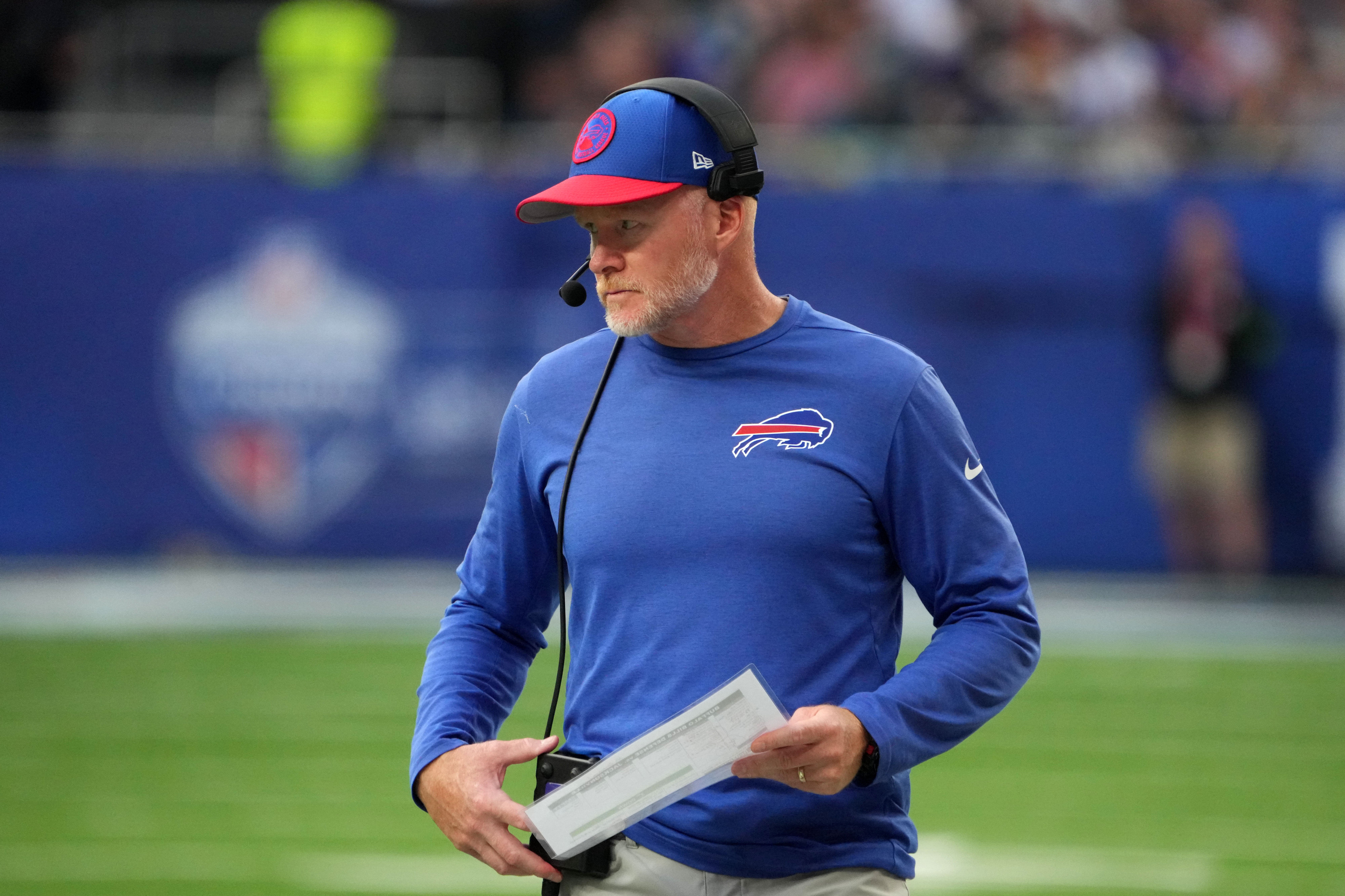 Buffalo Bills coach Sean McDermott watches from the sidelines during the second half of an NFL International Series game against the Jacksonville Jaguars at Tottenham Hotspur Stadium. Mandatory Credit: Kirby Lee-USA TODAY Sports