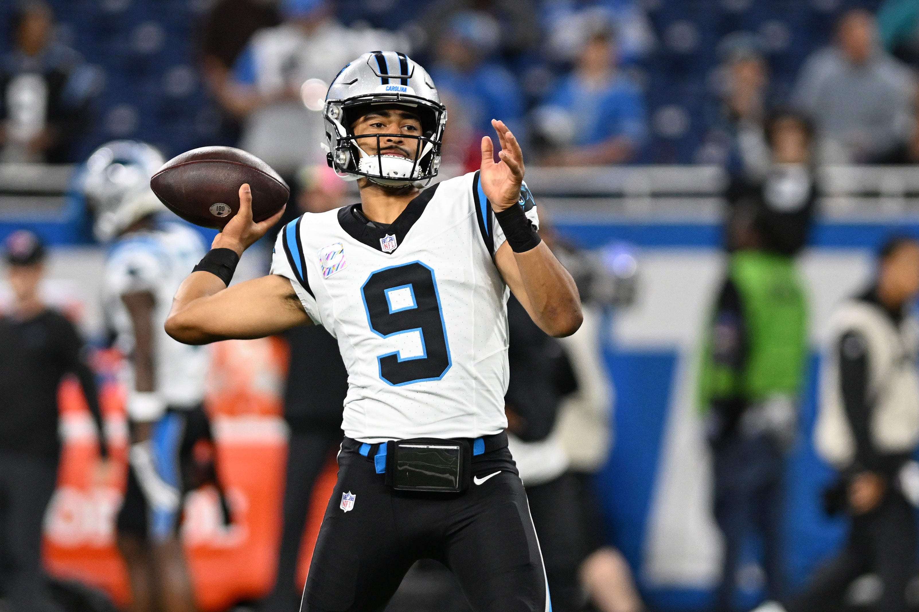 Oct 8, 2023; Detroit, Michigan, USA; Carolina Panthers quarterback Bryce Young (9) throws a pass during warm-ups before their game against the Detroit Lions at Ford Field. Mandatory Credit: Lon Horwedel-USA TODAY Sports