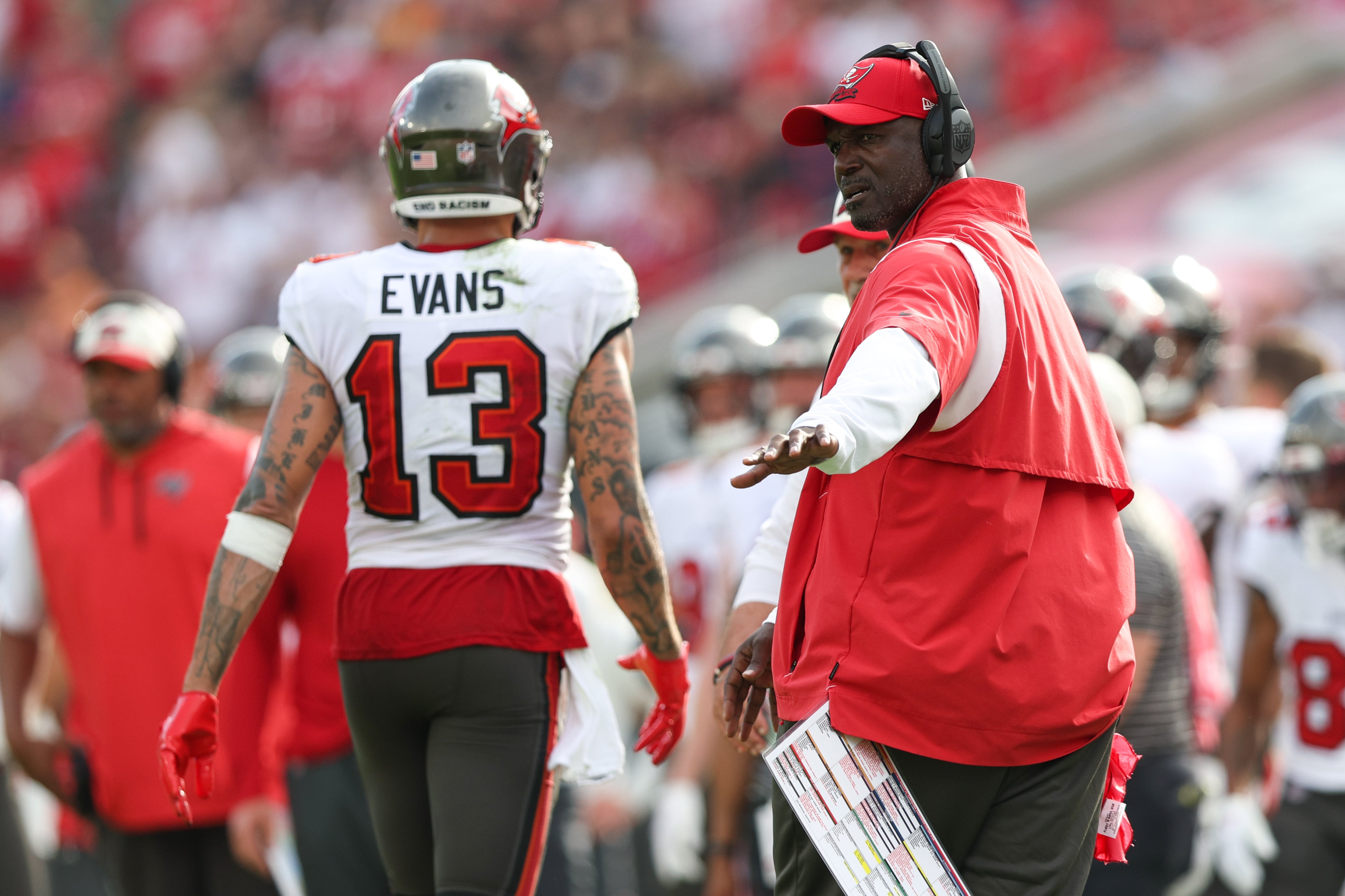 Jan 1, 2023; Tampa, Florida, USA; Tampa Bay Buccaneers head coach Todd Bowles reacts after a penalty against the Carolina Panthers in the third quarter at Raymond James Stadium. Mandatory Credit: Nathan Ray Seebeck-USA TODAY Sports