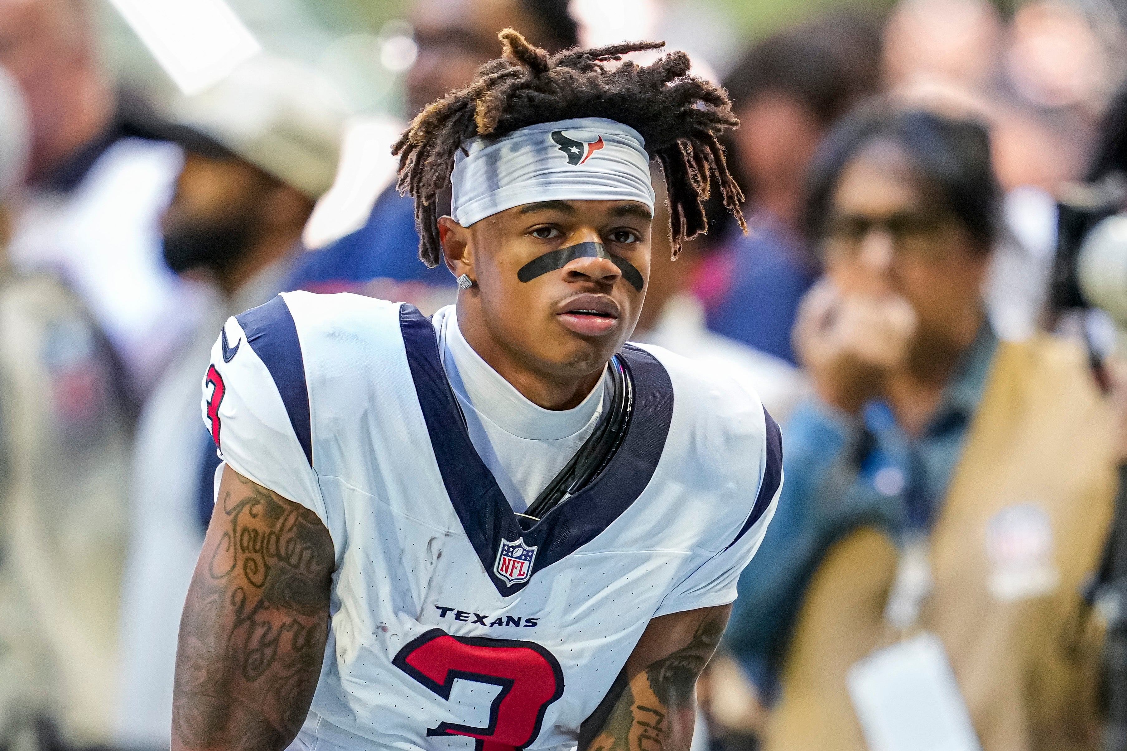 Oct 8, 2023; Atlanta, Georgia, USA; Houston Texans wide receiver Tank Dell (3) on the field before the game against the Atlanta Falcons at Mercedes-Benz Stadium.