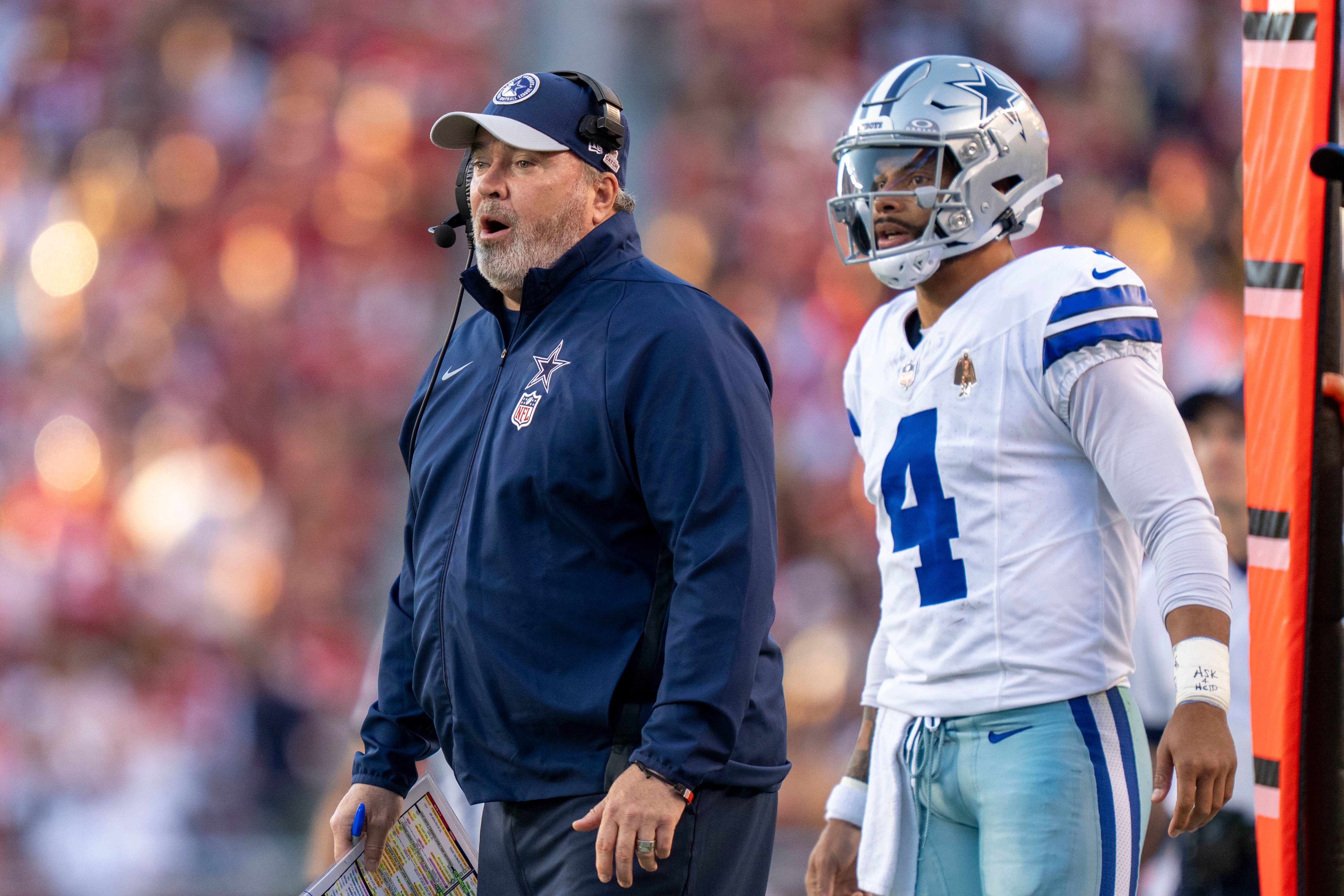 Dallas Cowboys head coach Mike Mccarthy and quarterback Dak Prescott on the sideline during loss to San Francisco 49ers.