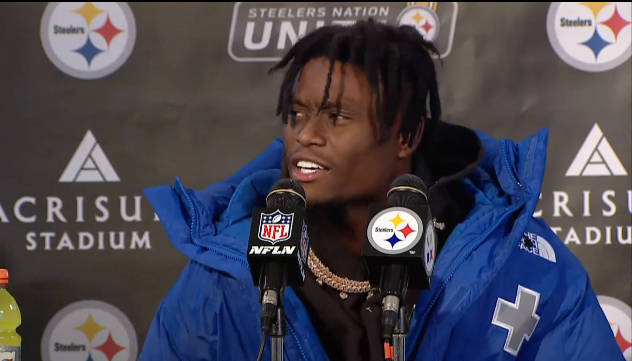 Pittsburgh Steelers WR George Pickens addresses the media after 17-10 win vs Baltimore Ravens.