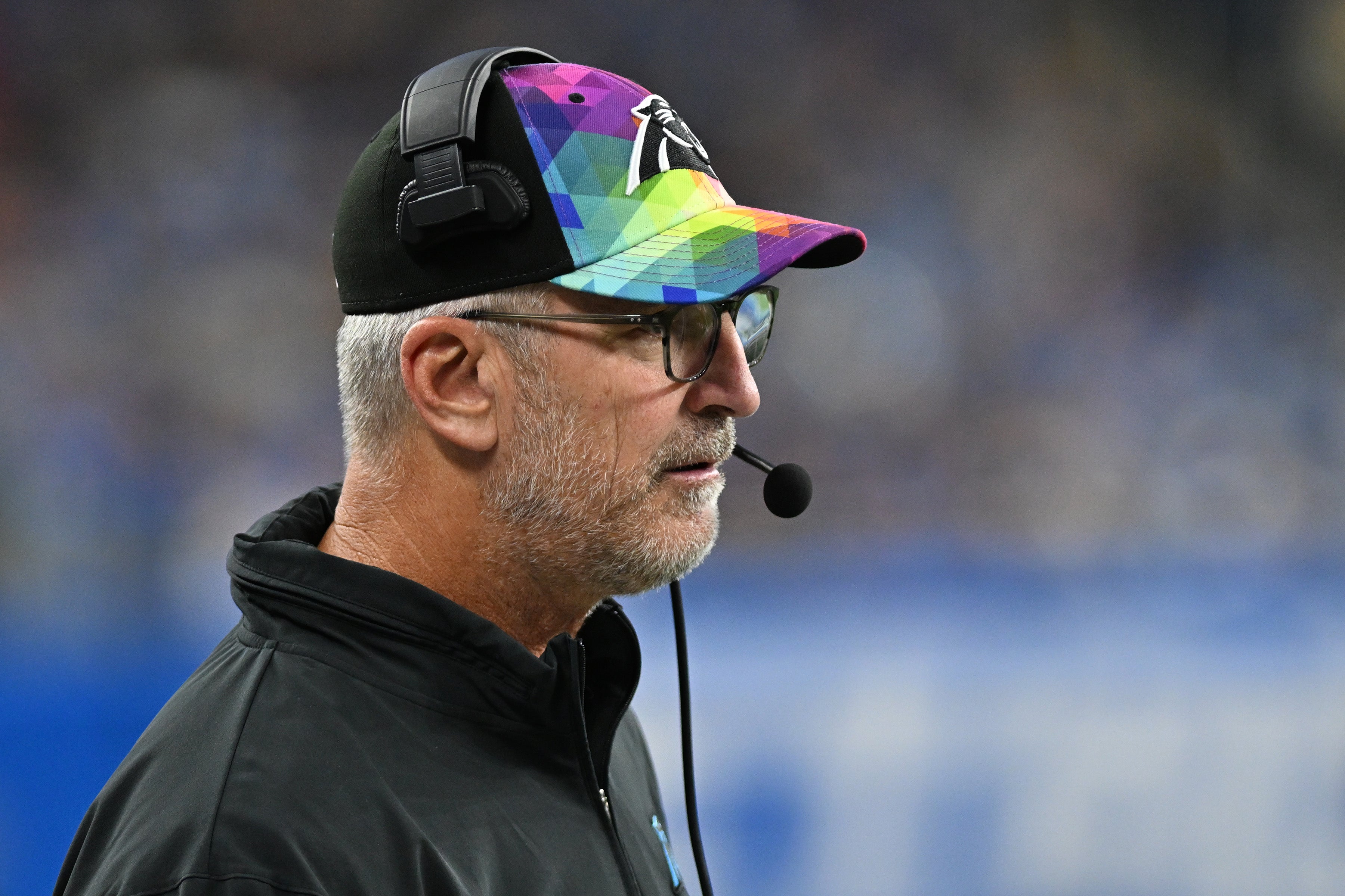 Oct 8, 2023; Detroit, Michigan, USA; Carolina Panthers head coach Frank Reich watches their game against the Detroit Lions from the sidelines in the second quarter at Ford Field. Mandatory Credit: Lon Horwedel-USA TODAY Sports